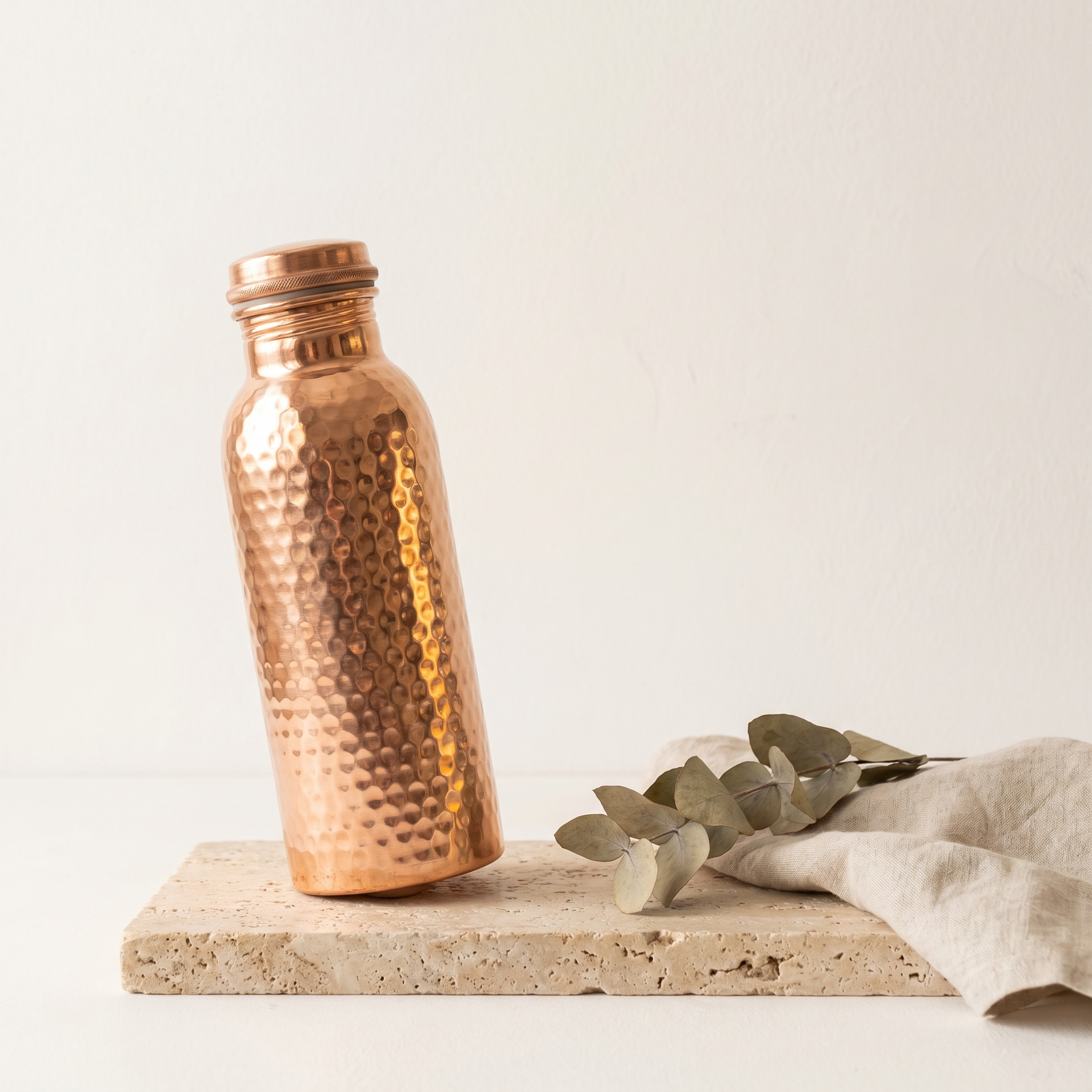 Gourde Copaura en cuivre sur pierre beige, lumière naturelle