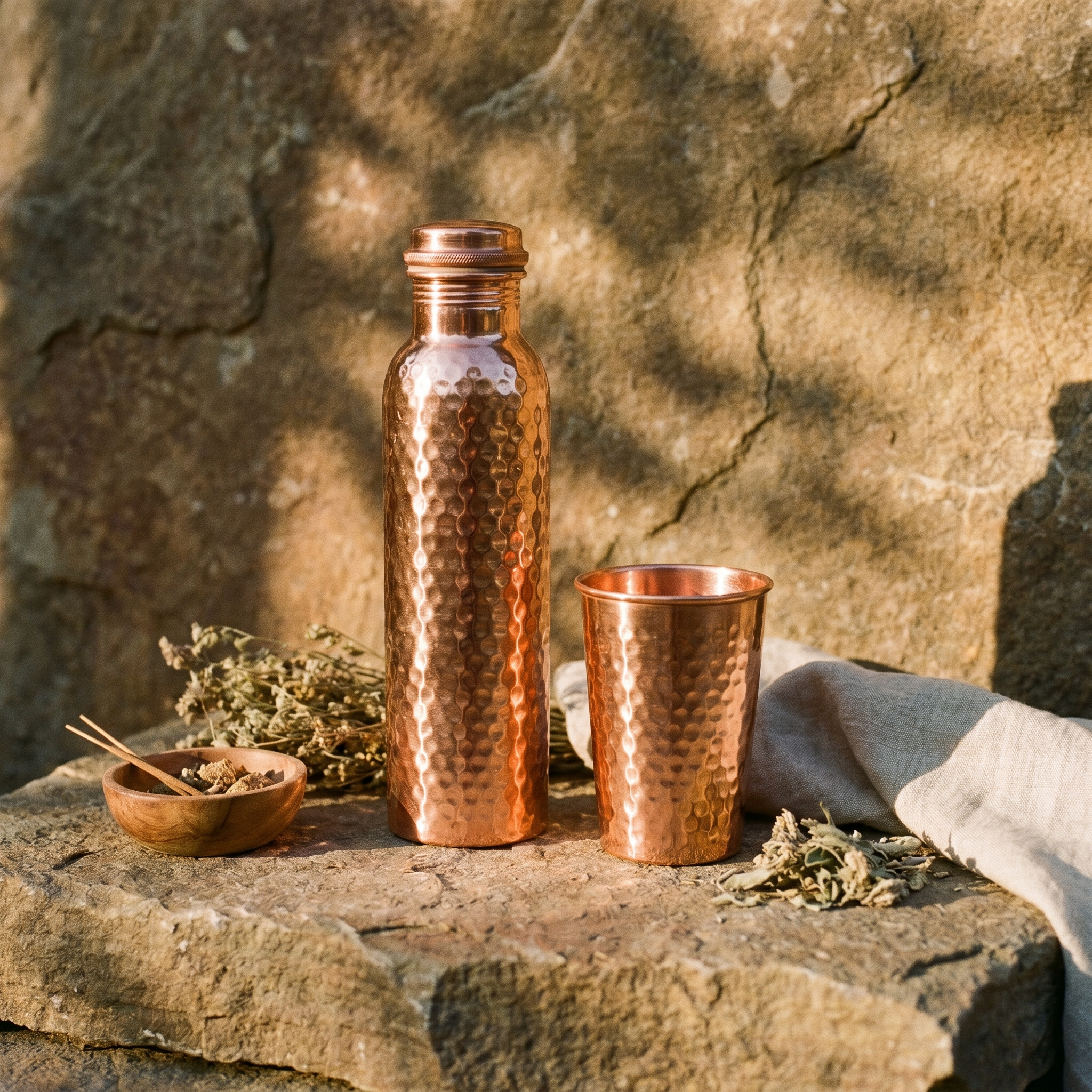 Gourde et verre Copaura en cuivre sur pierre naturelle