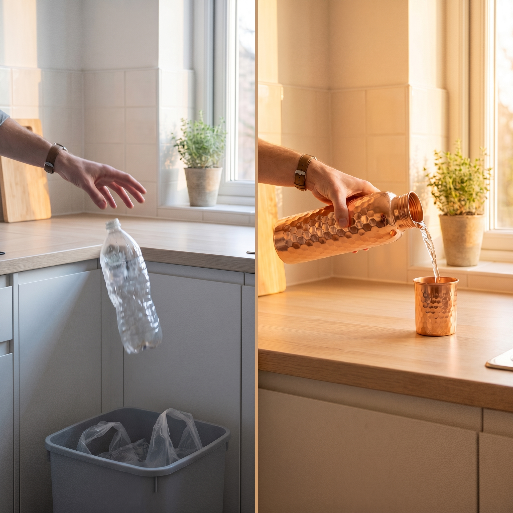 Avant : bouteille plastique — Après : gourde Copaura en cuivre