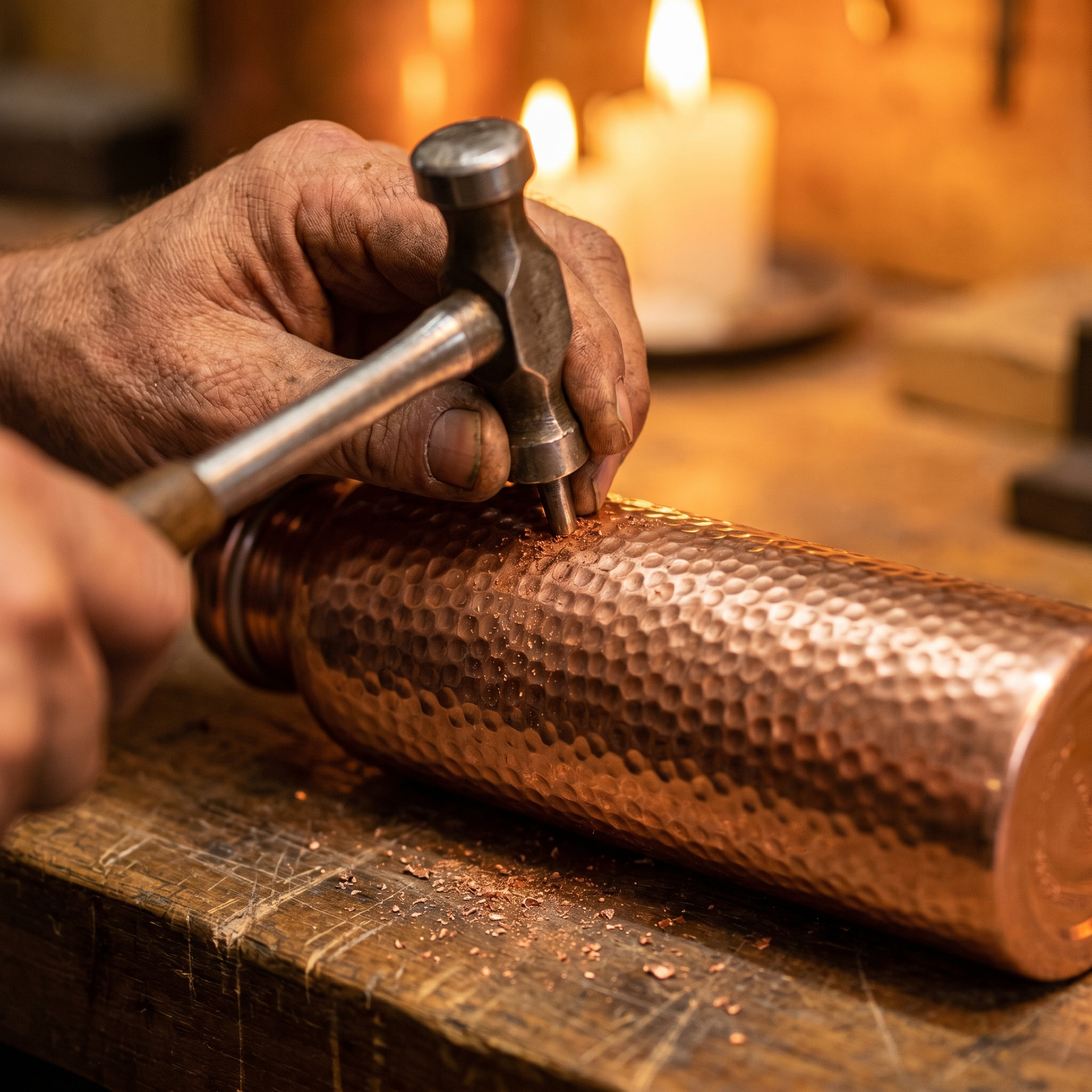 Artisan martelant la gourde en cuivre
