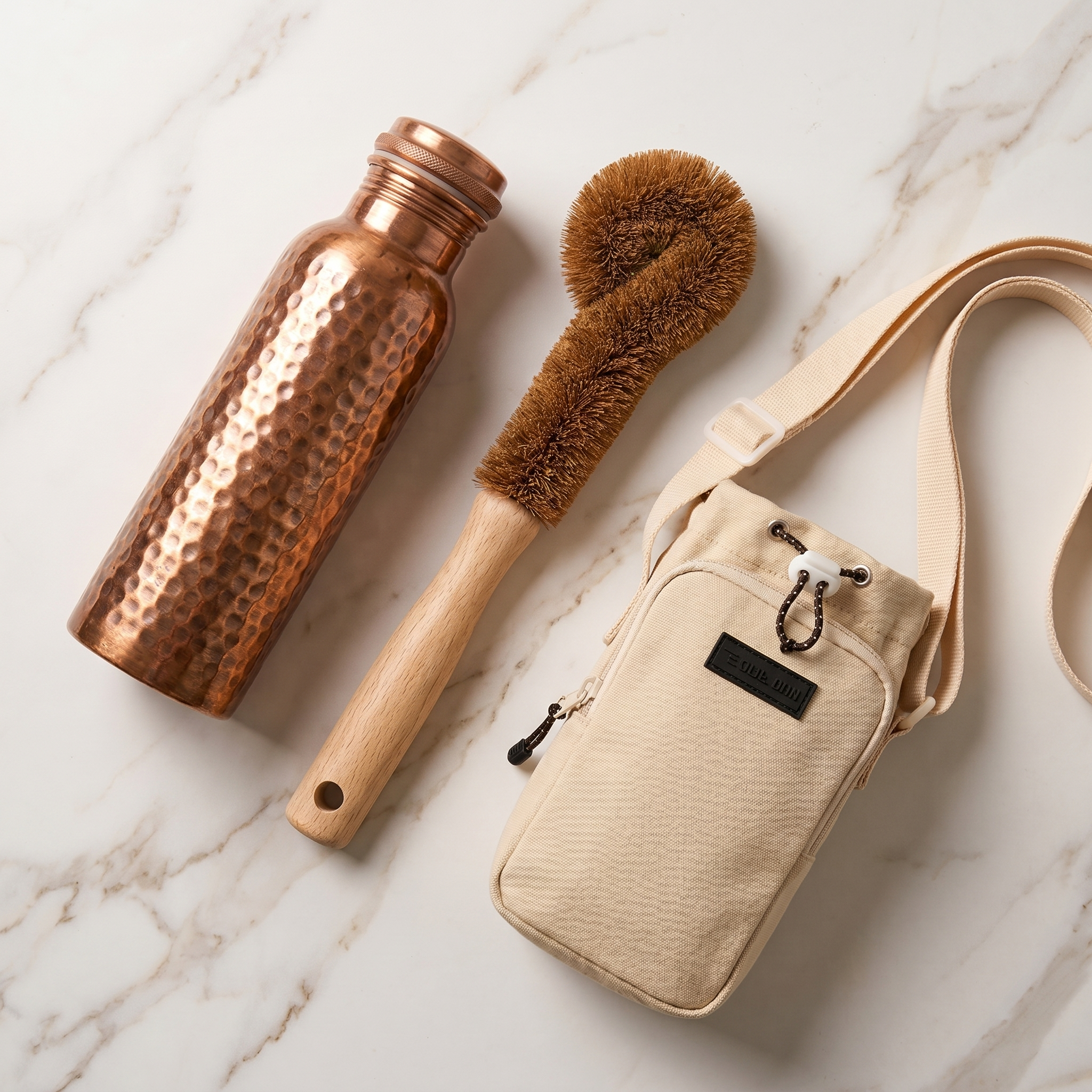 Flat lay gourde, brosse et sacoche Tamra