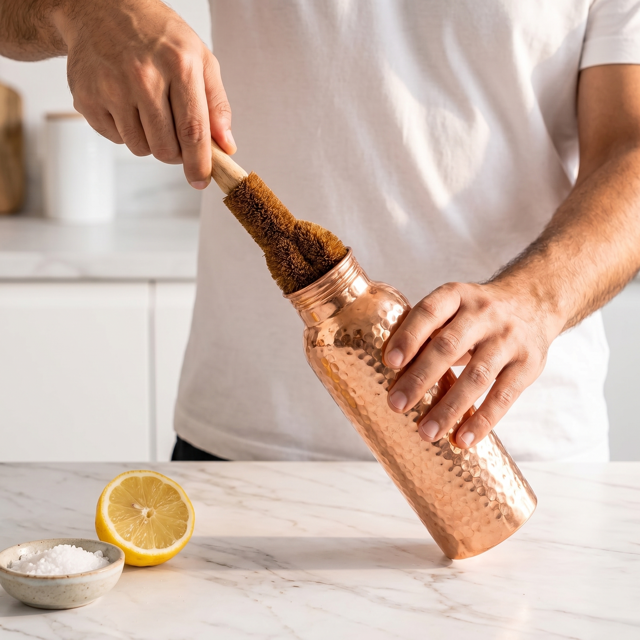 Nettoyage de la gourde Tamra avec brosse et citron