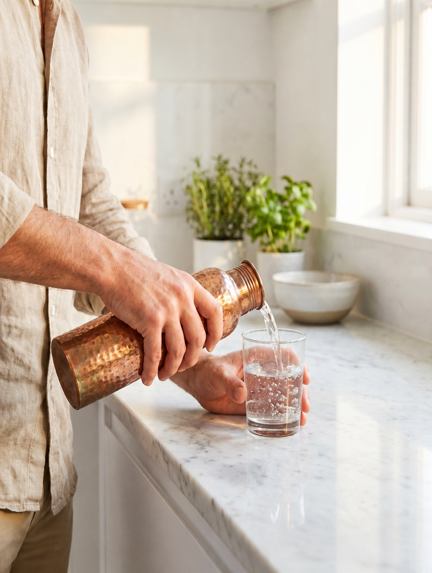 Homme se servant un verre d'eau avec la Tamra dans la cuisine