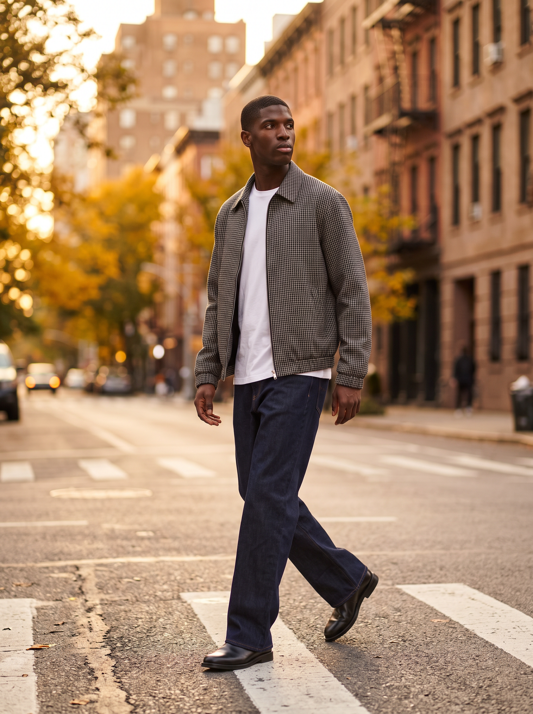 Man wearing micro plaid harrington jacket on city street