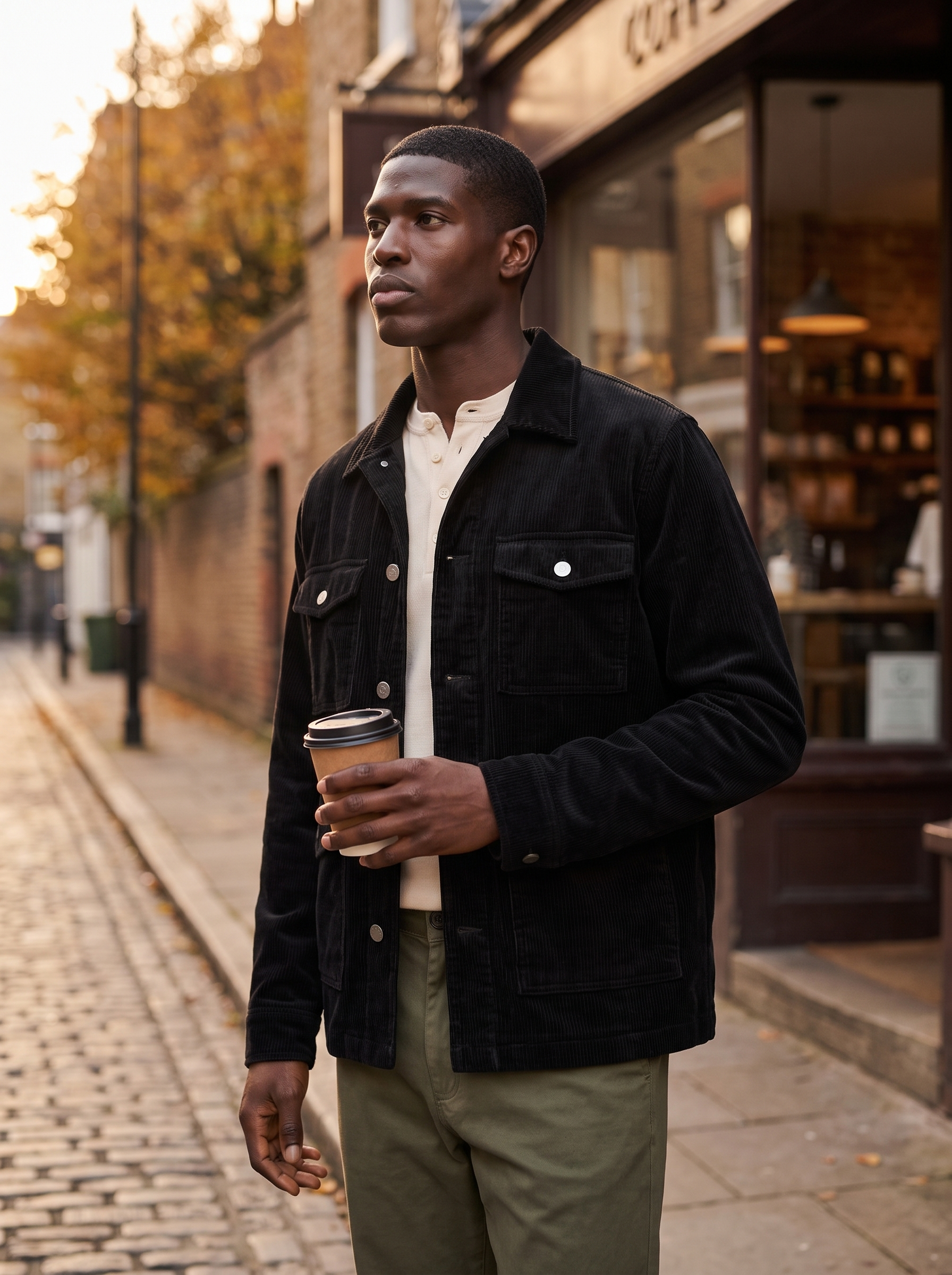 Man wearing black corduroy cargo jacket, lifestyle