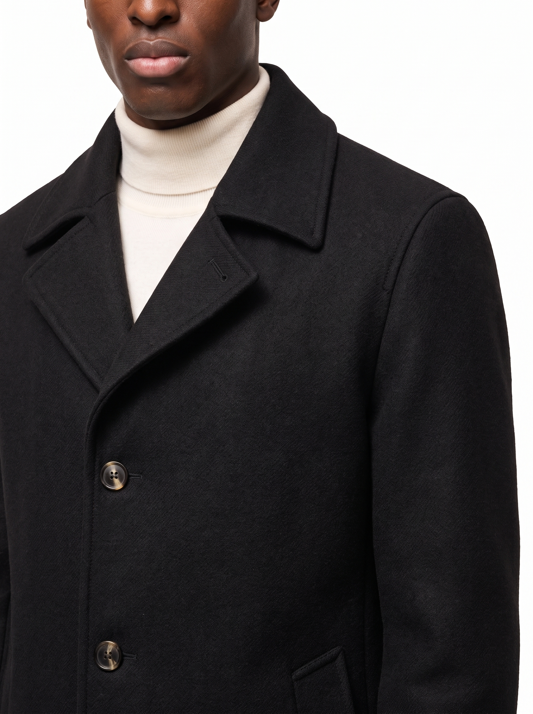 Pea coat collar and button close up detail