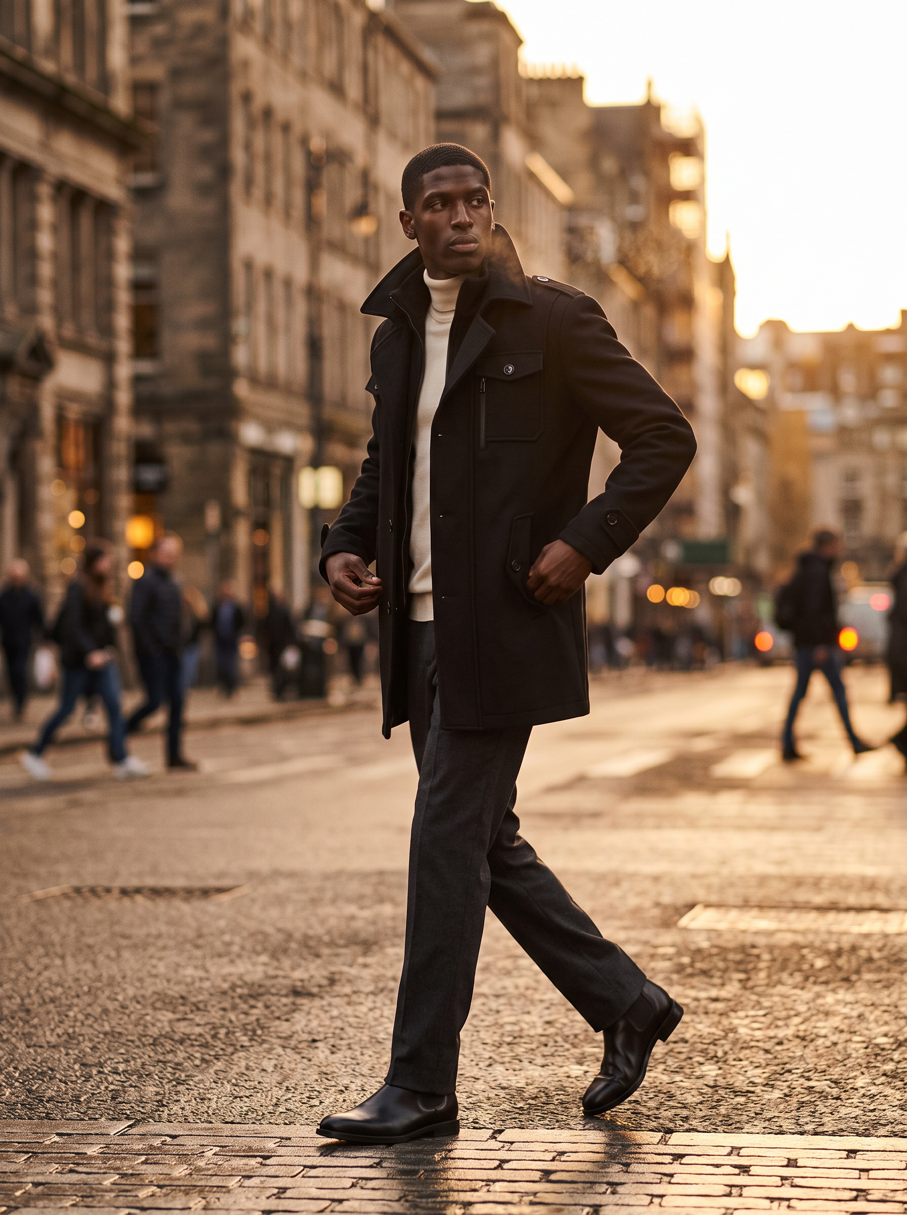 Man wearing wool pea coat in autumn city, lifestyle