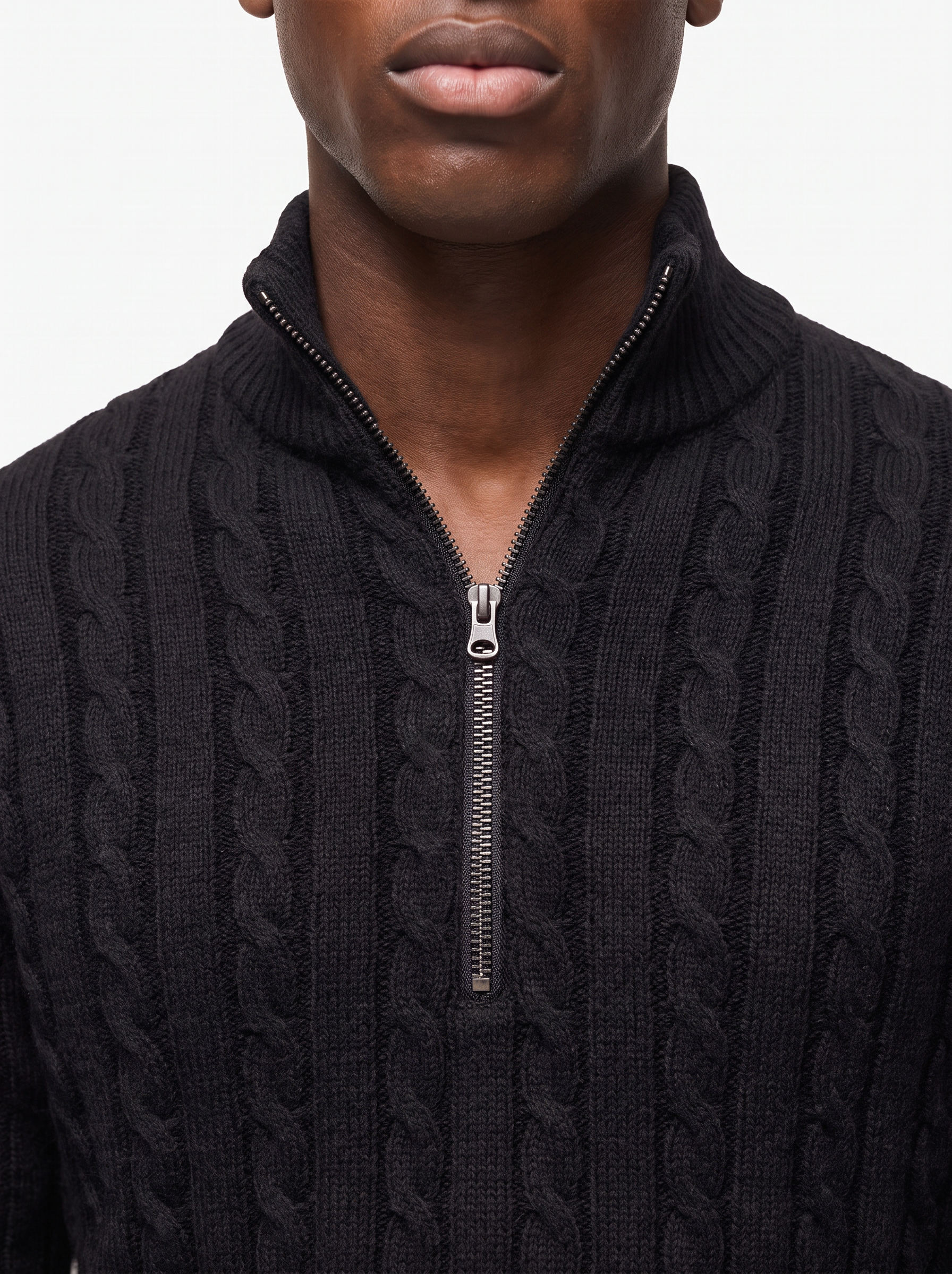 Quarter zip collar and zipper close up detail