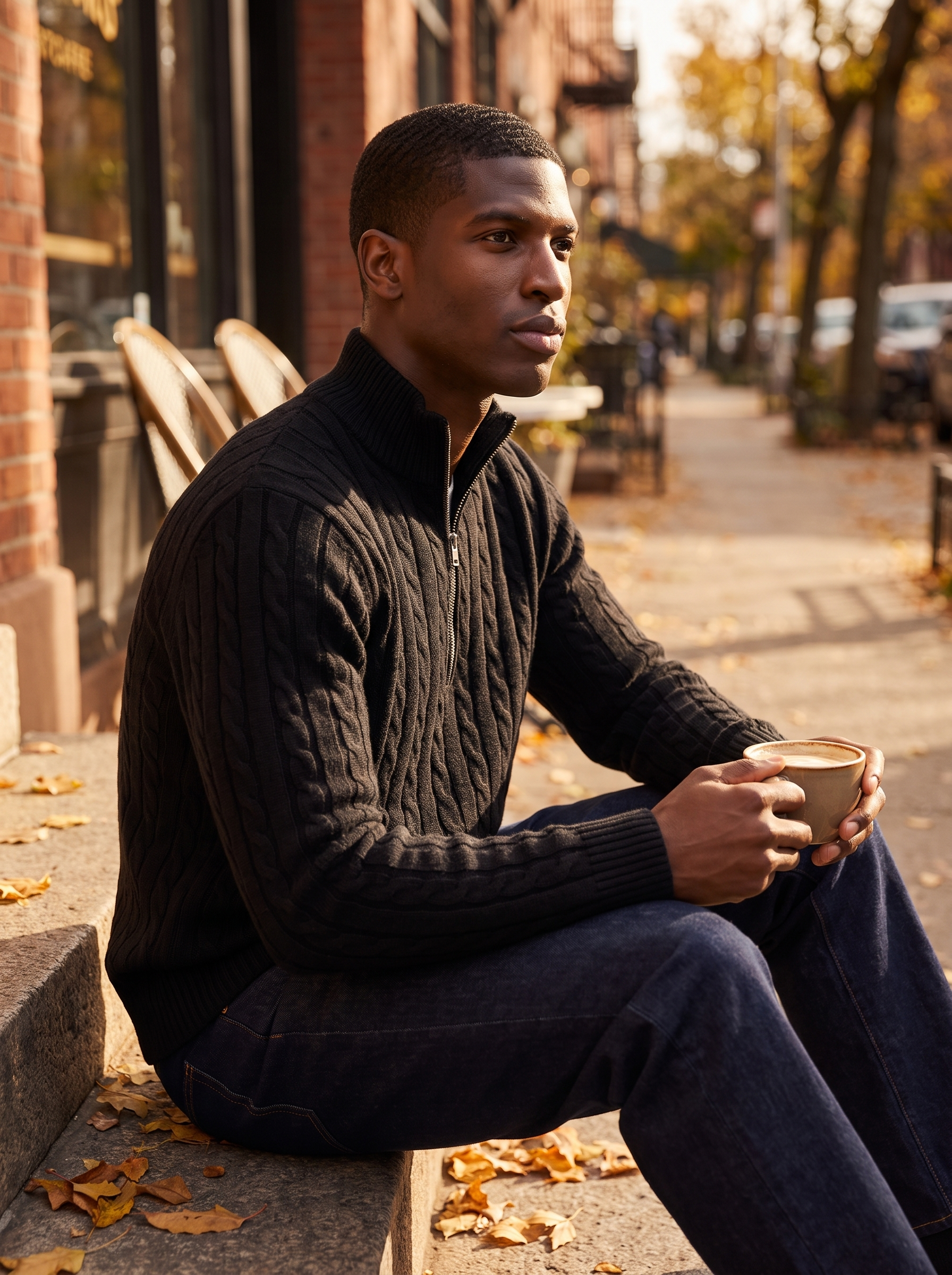 Man wearing knit quarter zip on cafe steps, lifestyle