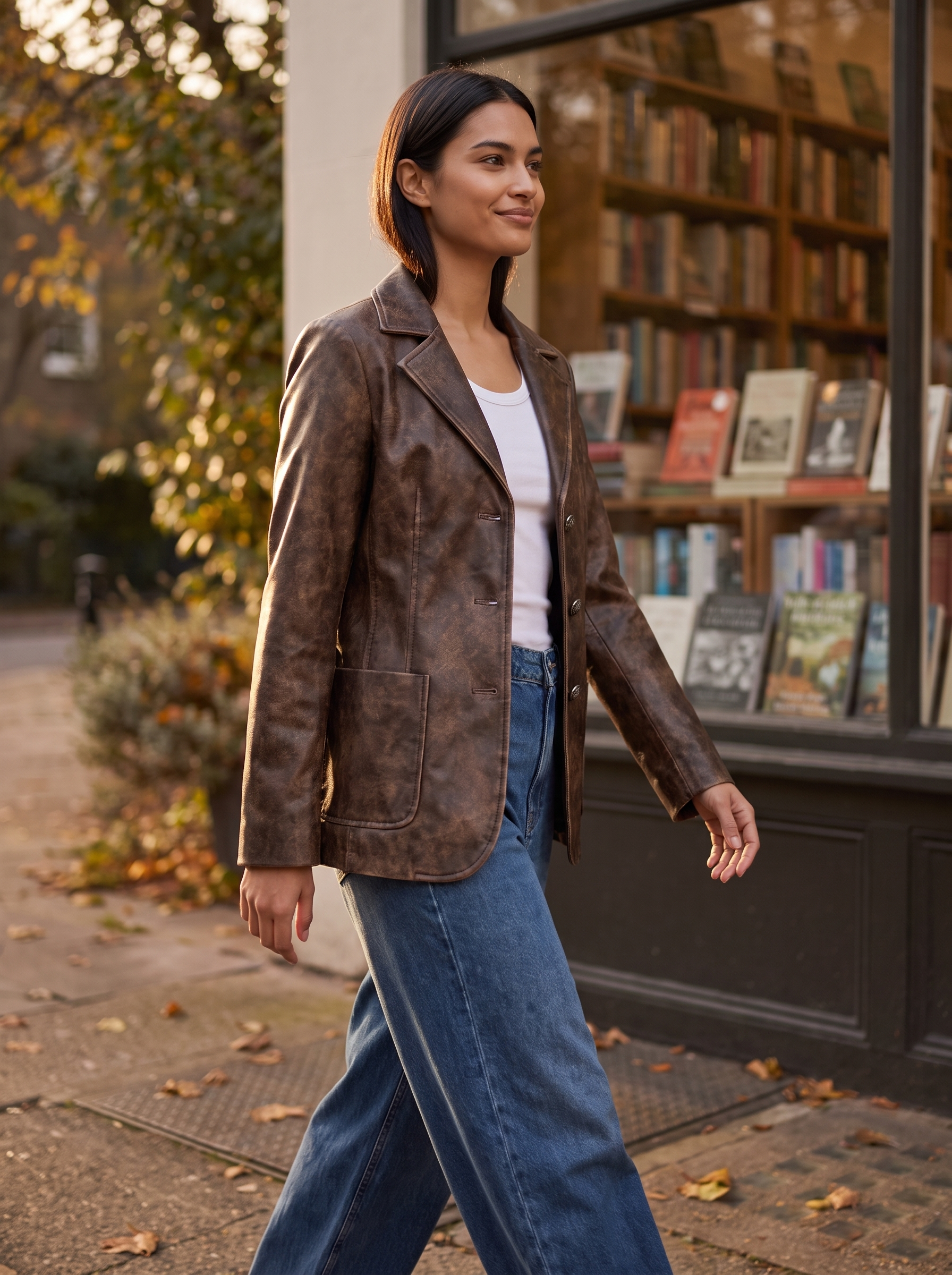 Woman wearing vintage brown faux leather blazer, lifestyle
