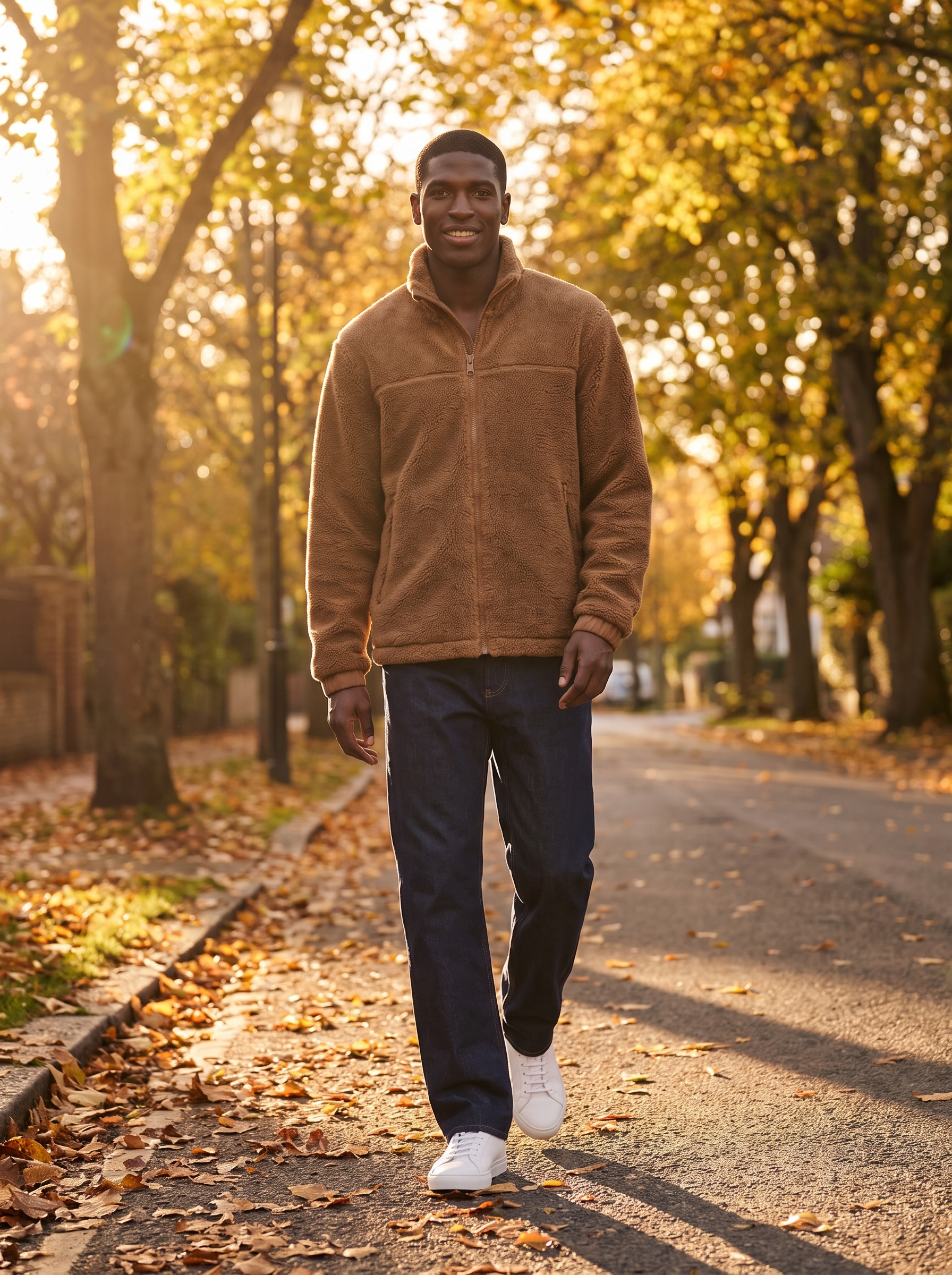 Man wearing camel sherpa fleece jacket on autumn street, lifestyle