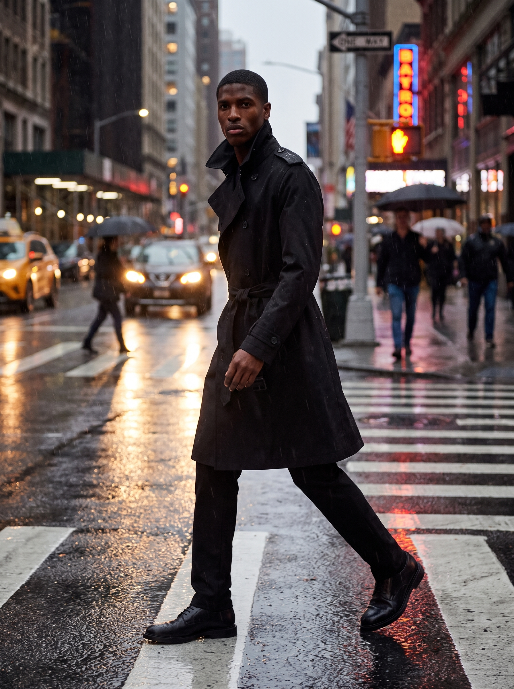 Man wearing black belted trench coat crossing rainy city street at dusk, lifestyle