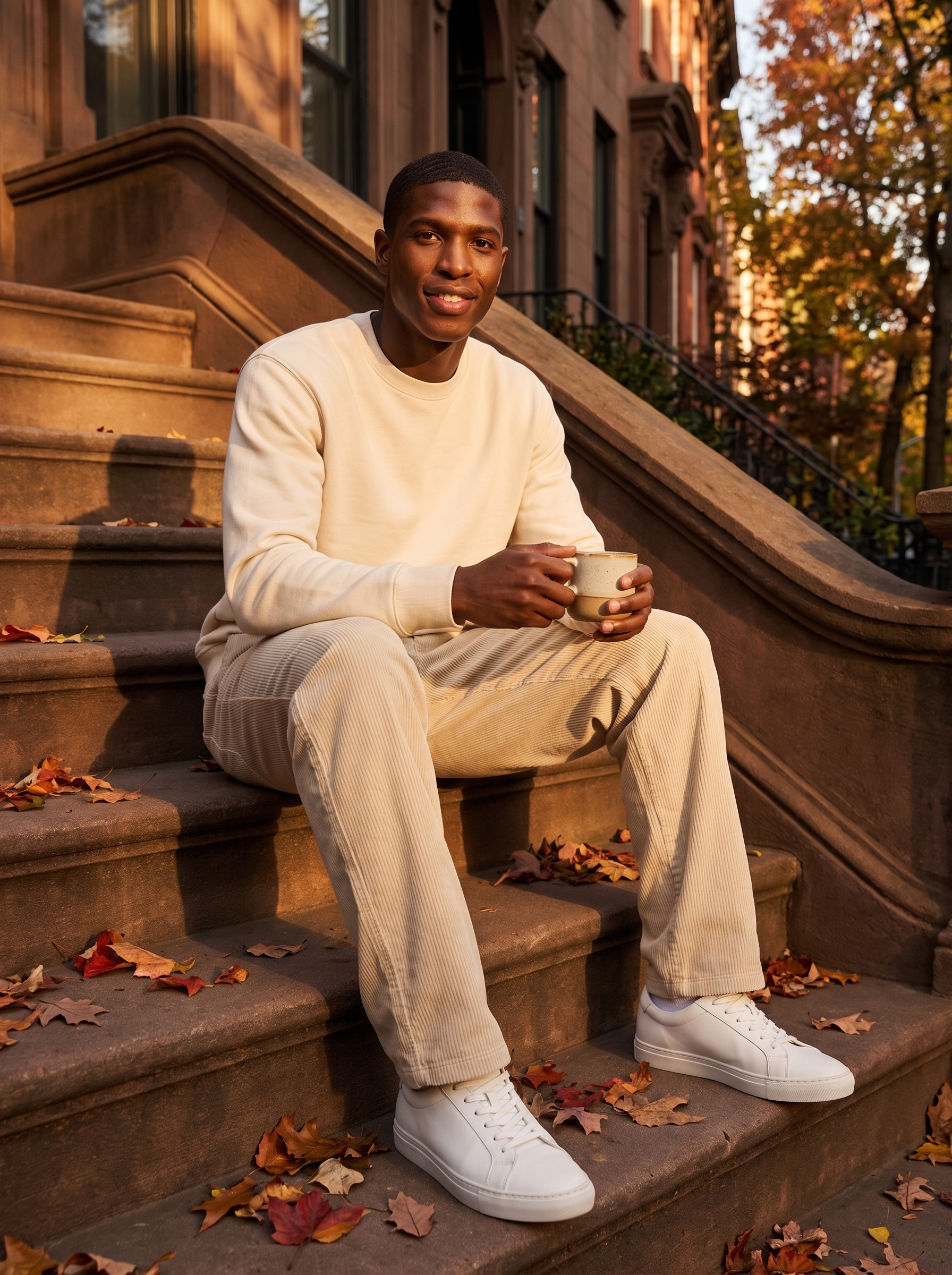 Man wearing beige corduroy pants on brownstone steps with coffee, lifestyle