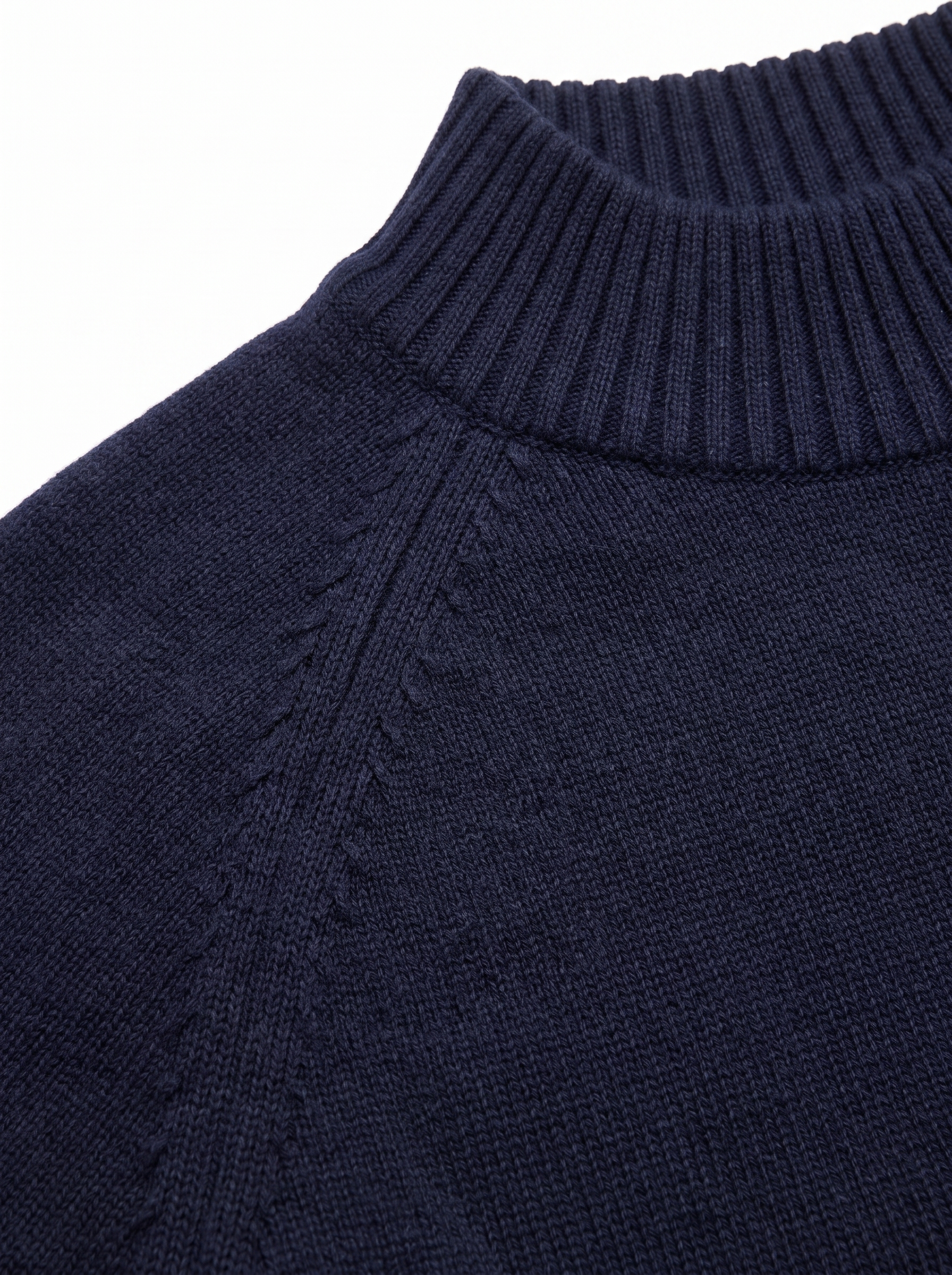 Navy mock neck sweater ribbed collar and knit close up detail