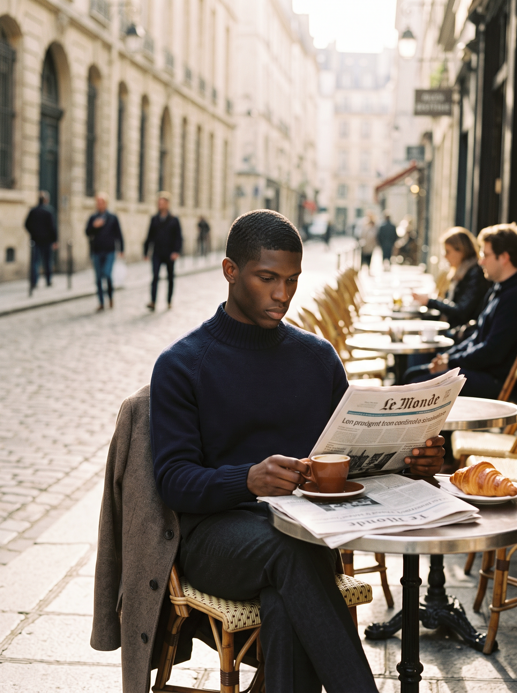 Man wearing navy mock neck sweater at outdoor cafe in morning light, lifestyle