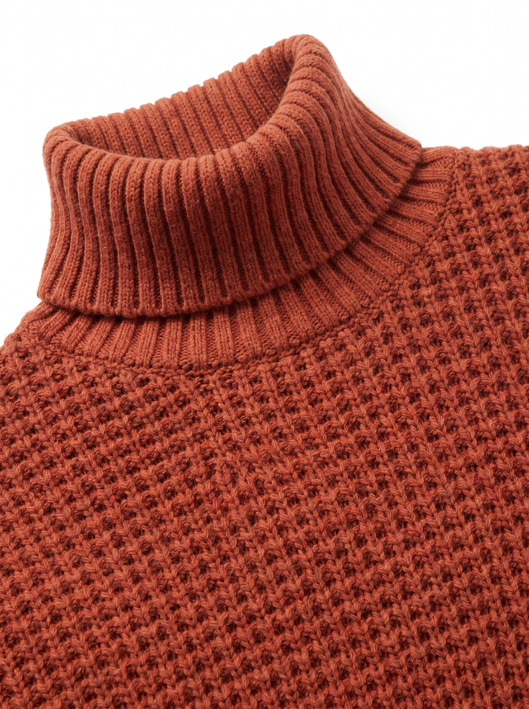 Honeycomb waffle knit turtleneck collar close up detail