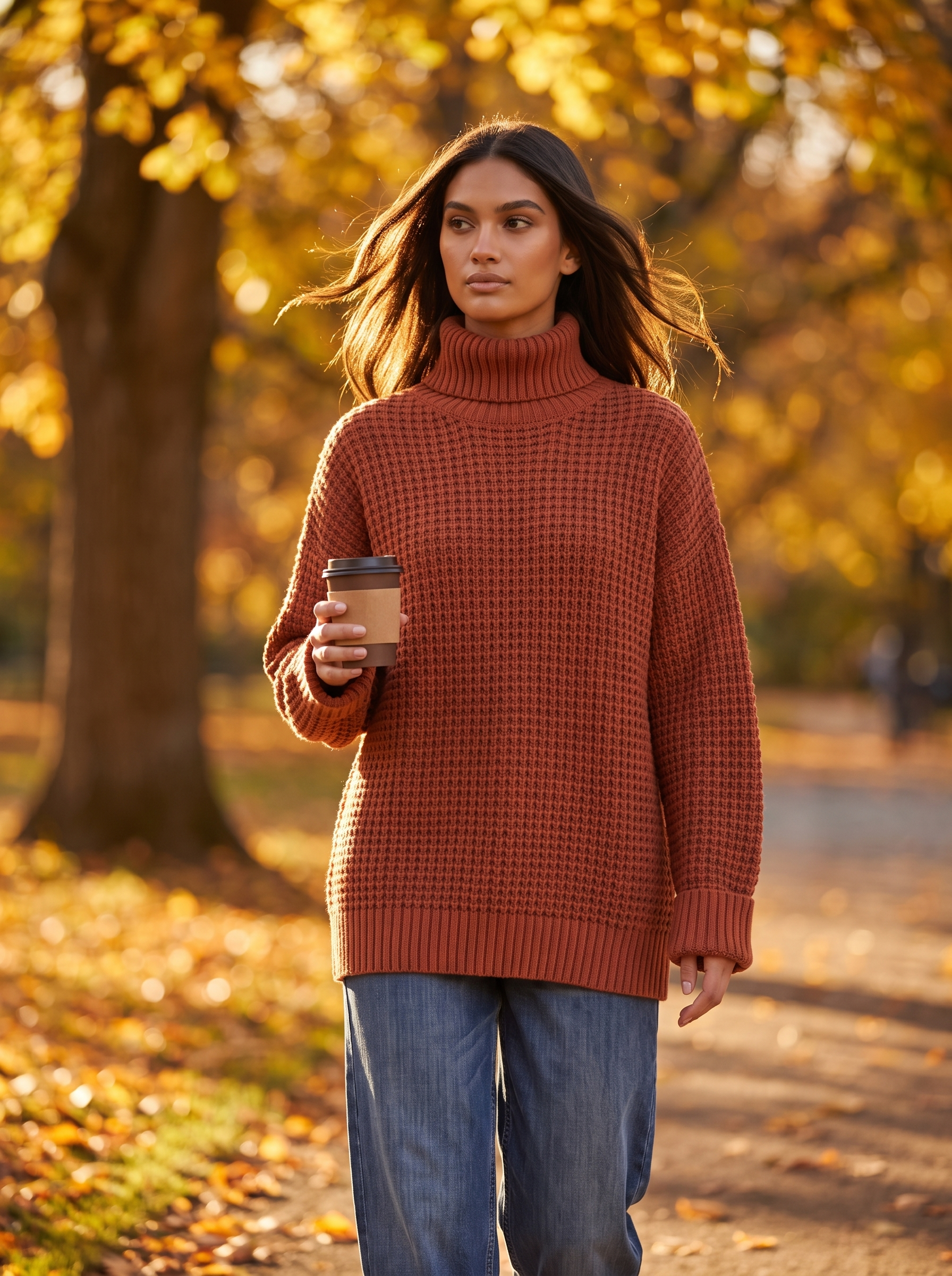 Woman wearing brick red oversized turtleneck in autumn park, lifestyle