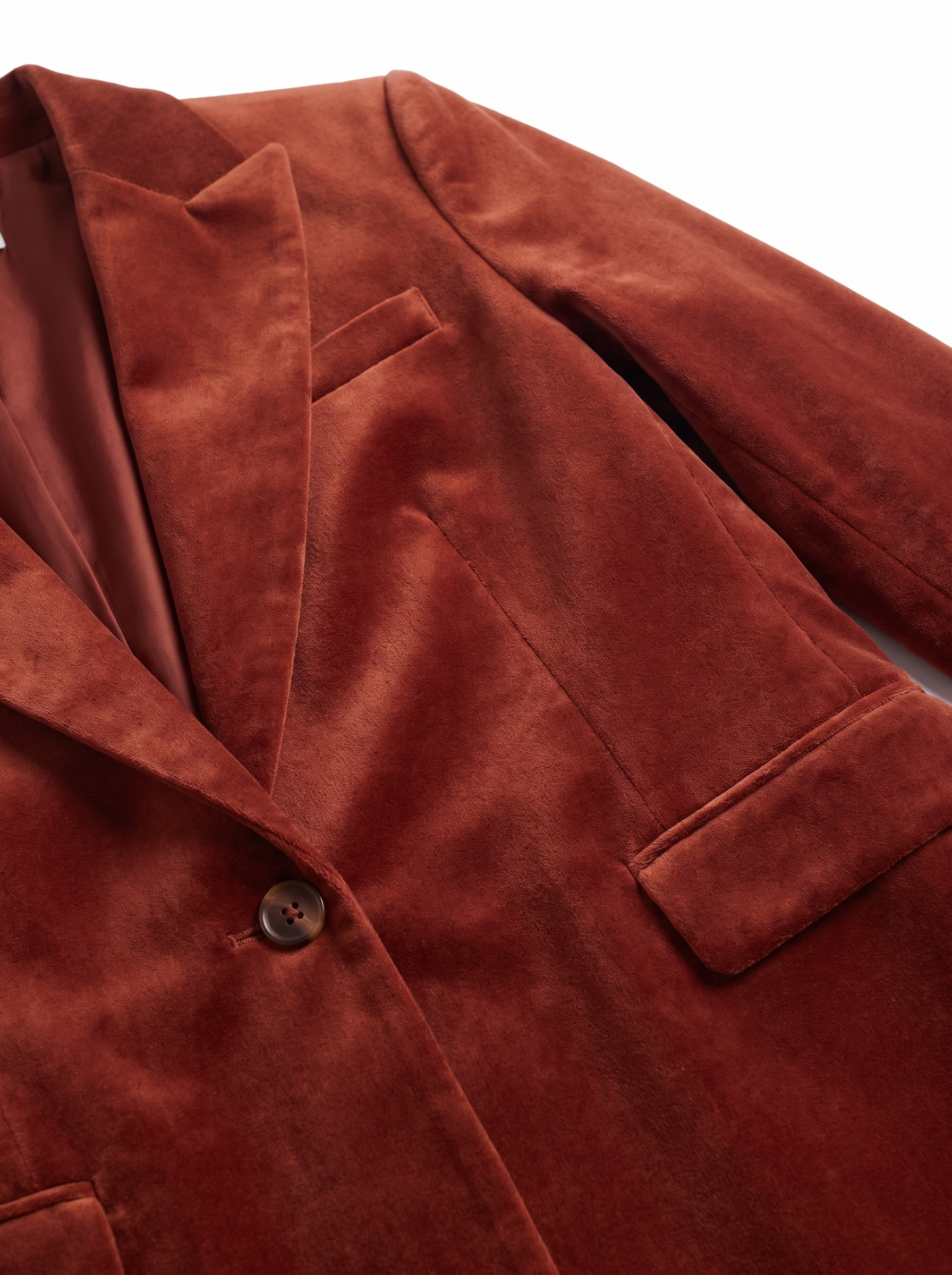 Velvet blazer lapel and button close up detail