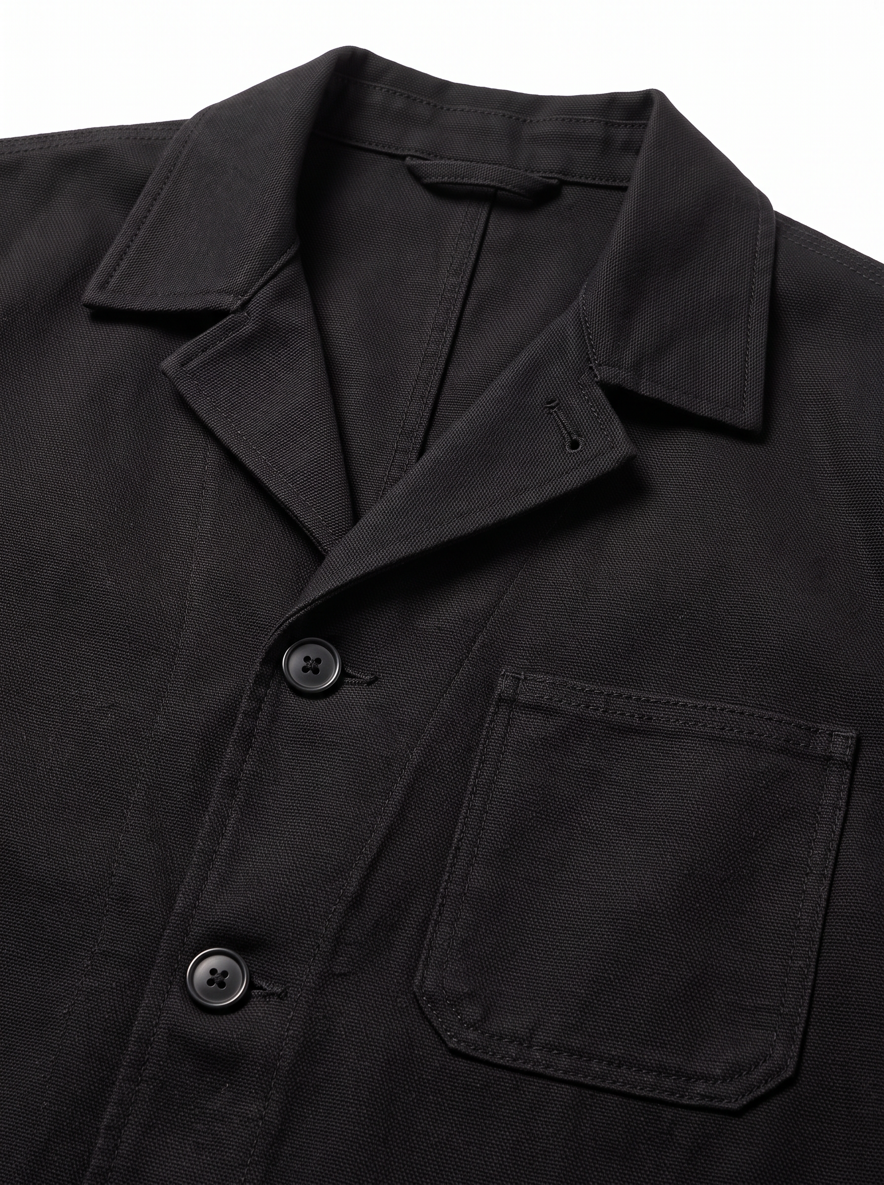 Black canvas chore jacket collar and patch pocket close up detail