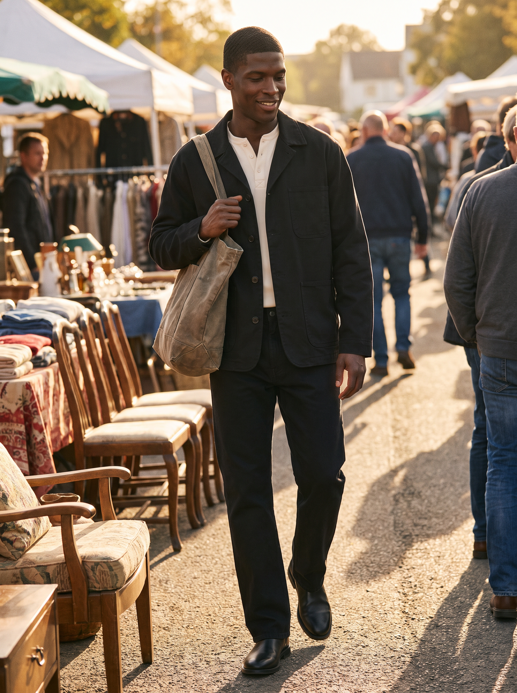 Man wearing black chore jacket at weekend market, lifestyle