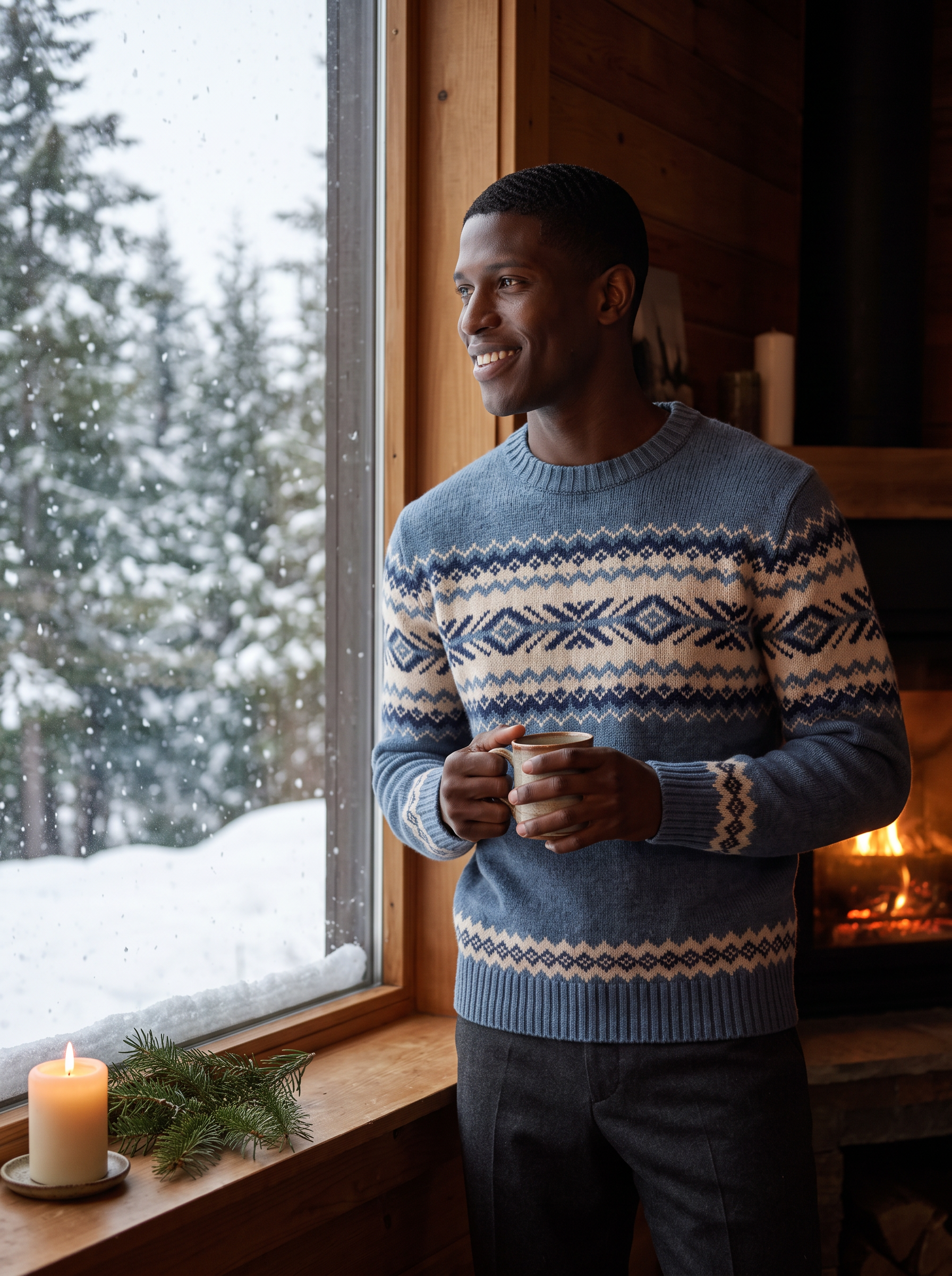Man wearing Fair Isle sweater by cabin window with snow, lifestyle