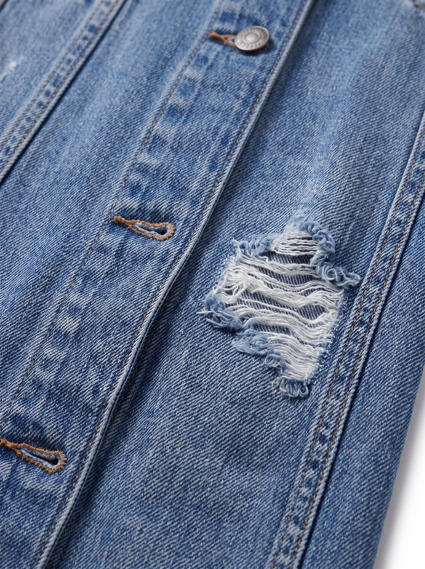 Denim duster button placket and distressed detail close up