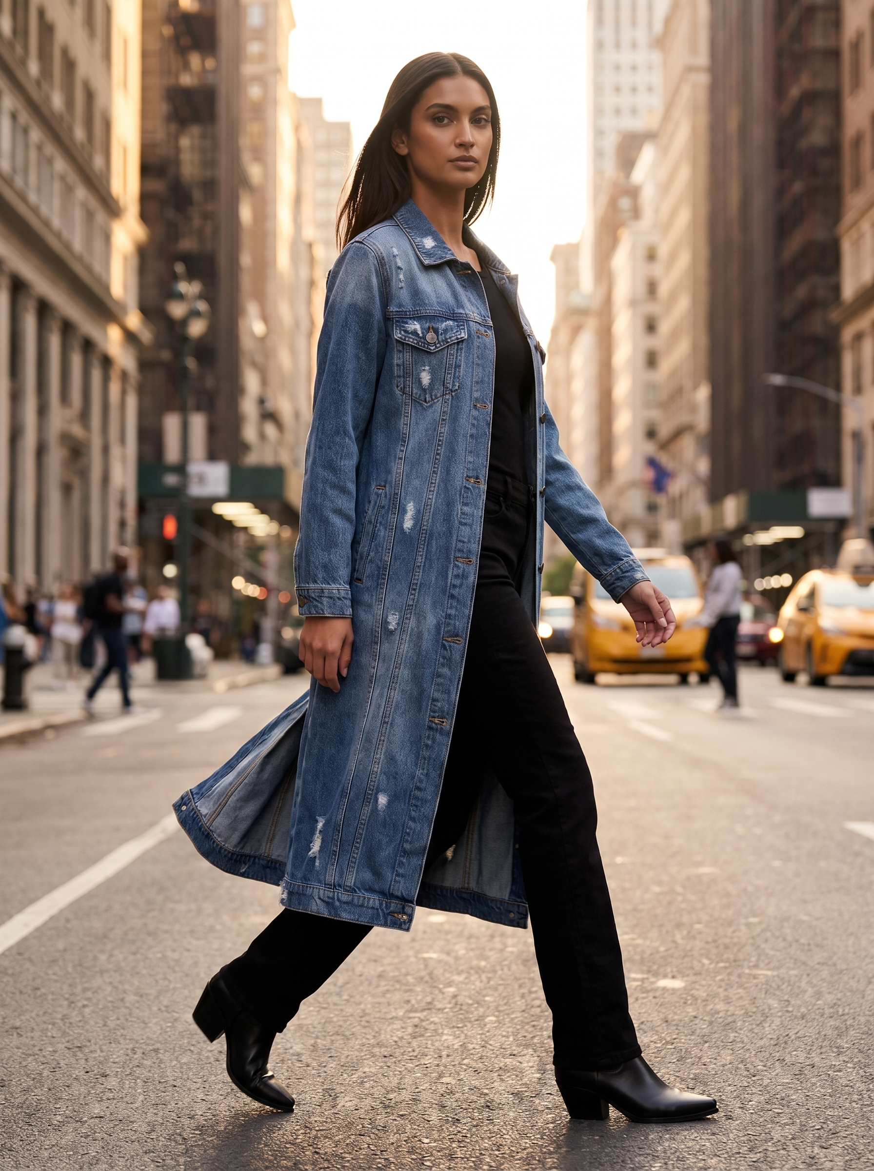 Woman wearing long denim duster walking through city street, lifestyle