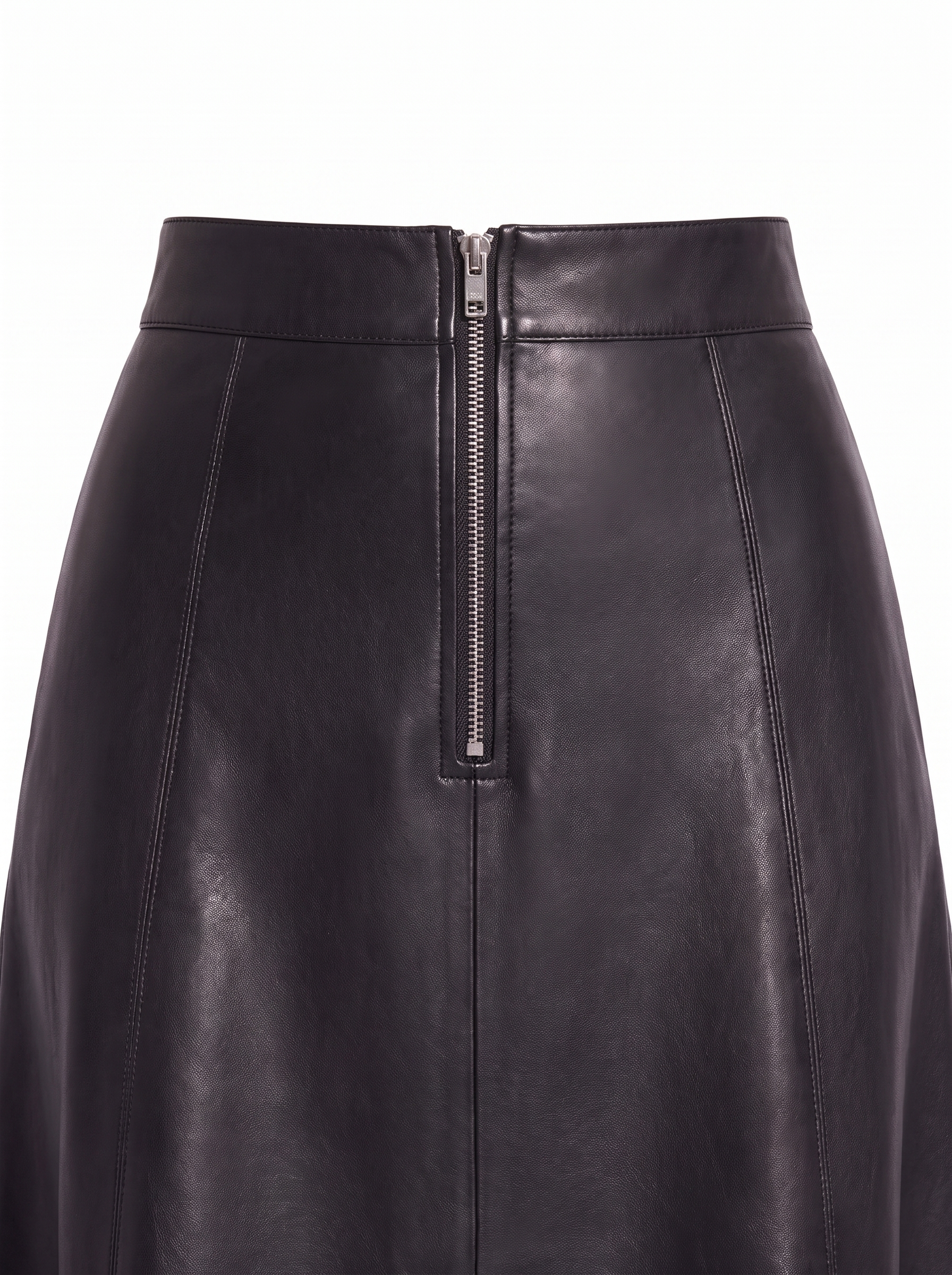Faux leather midi skirt waistband and zipper close up detail