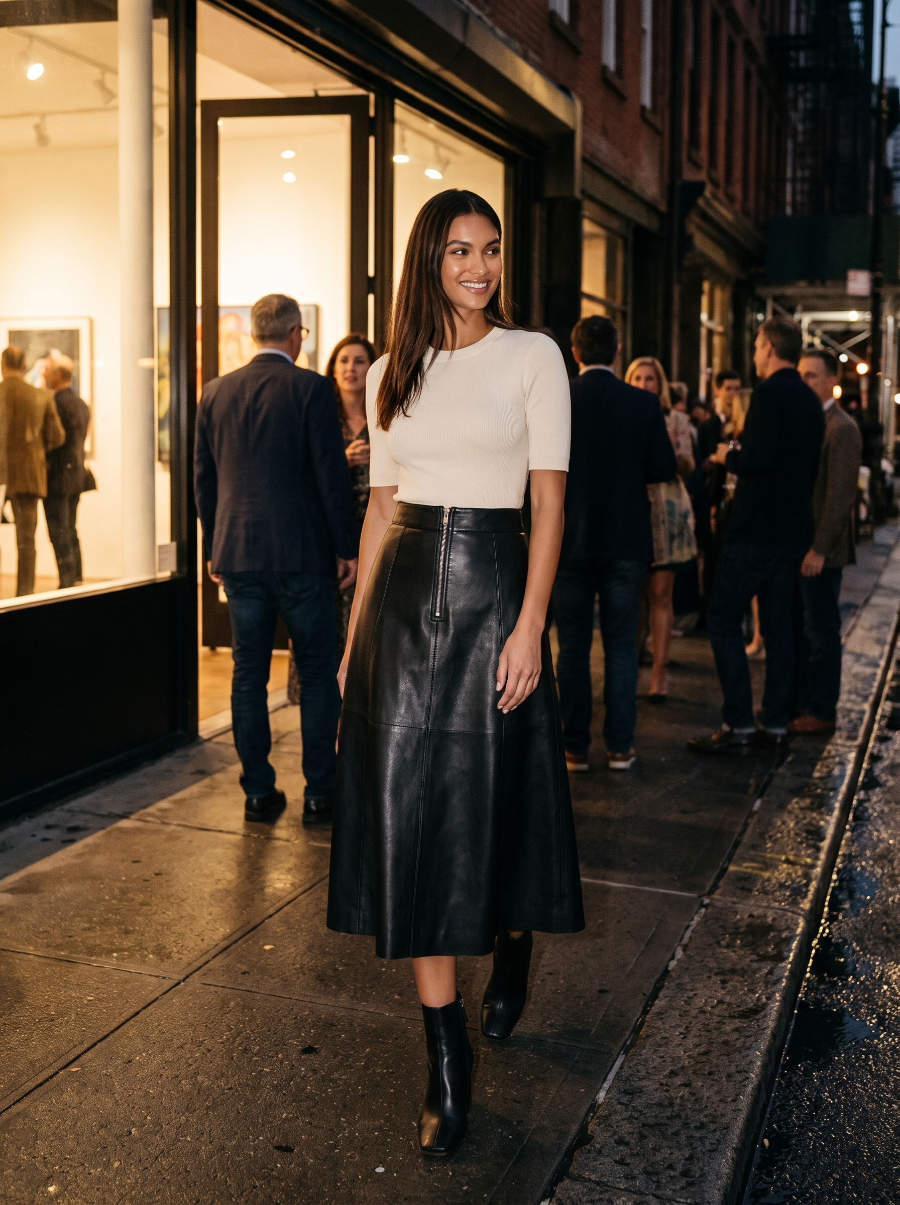 Woman wearing black faux leather midi skirt leaving evening gallery, lifestyle