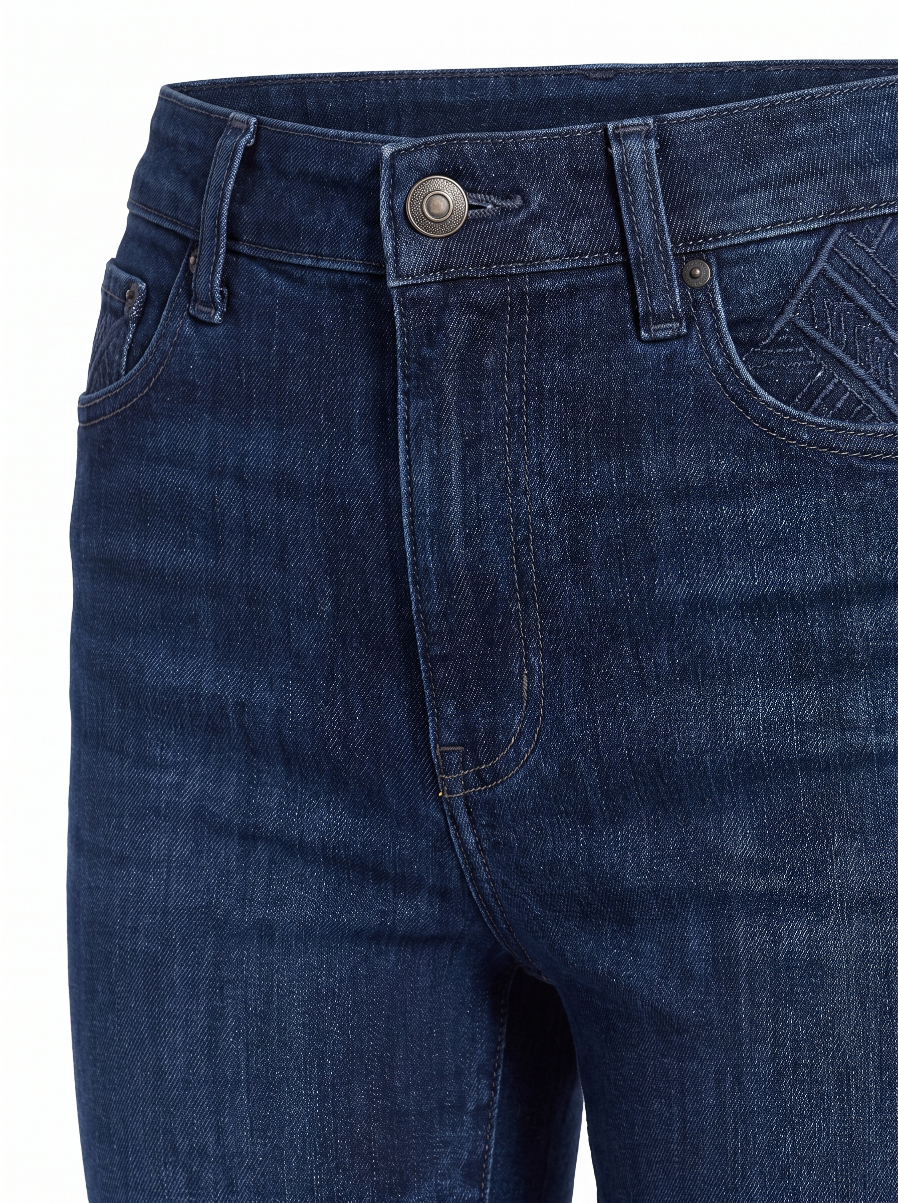 Bootcut jeans waistband and embroidery close up detail