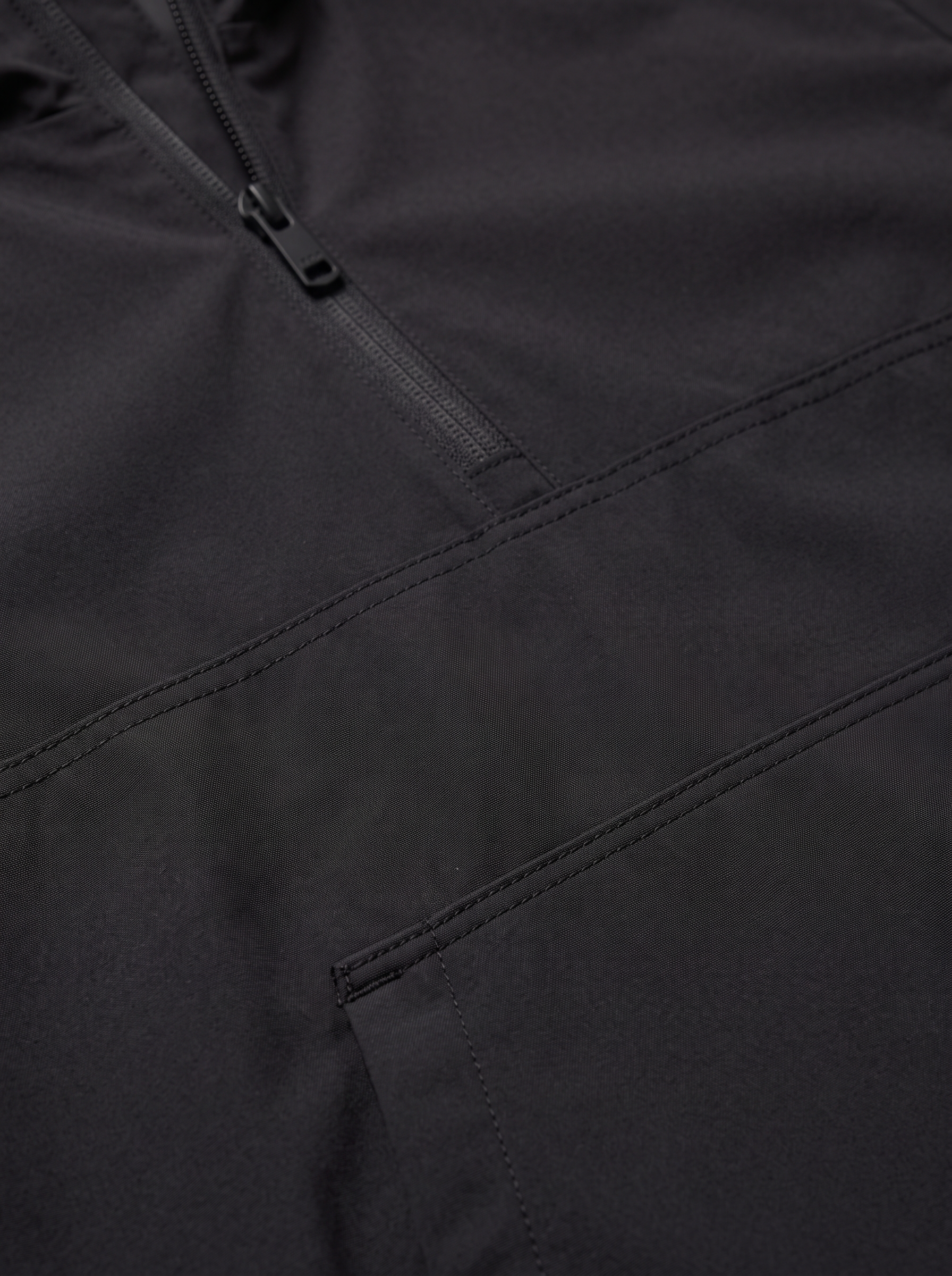 Black anorak half zip collar and pocket close up detail