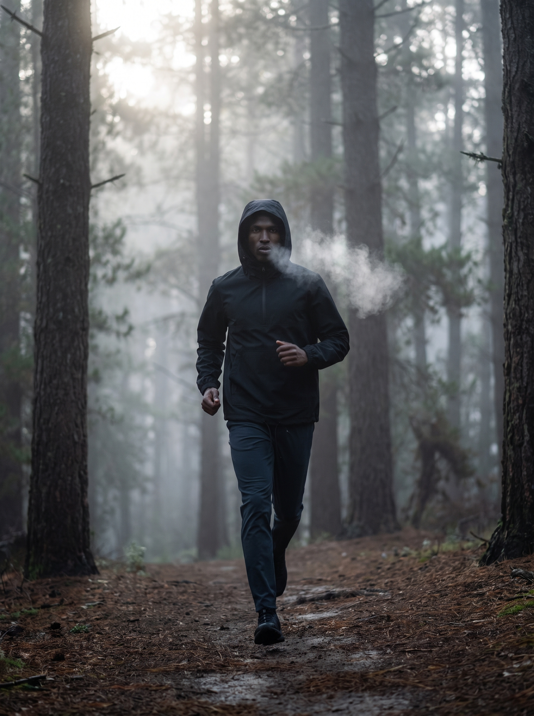 Man wearing black anorak on misty forest trail, lifestyle