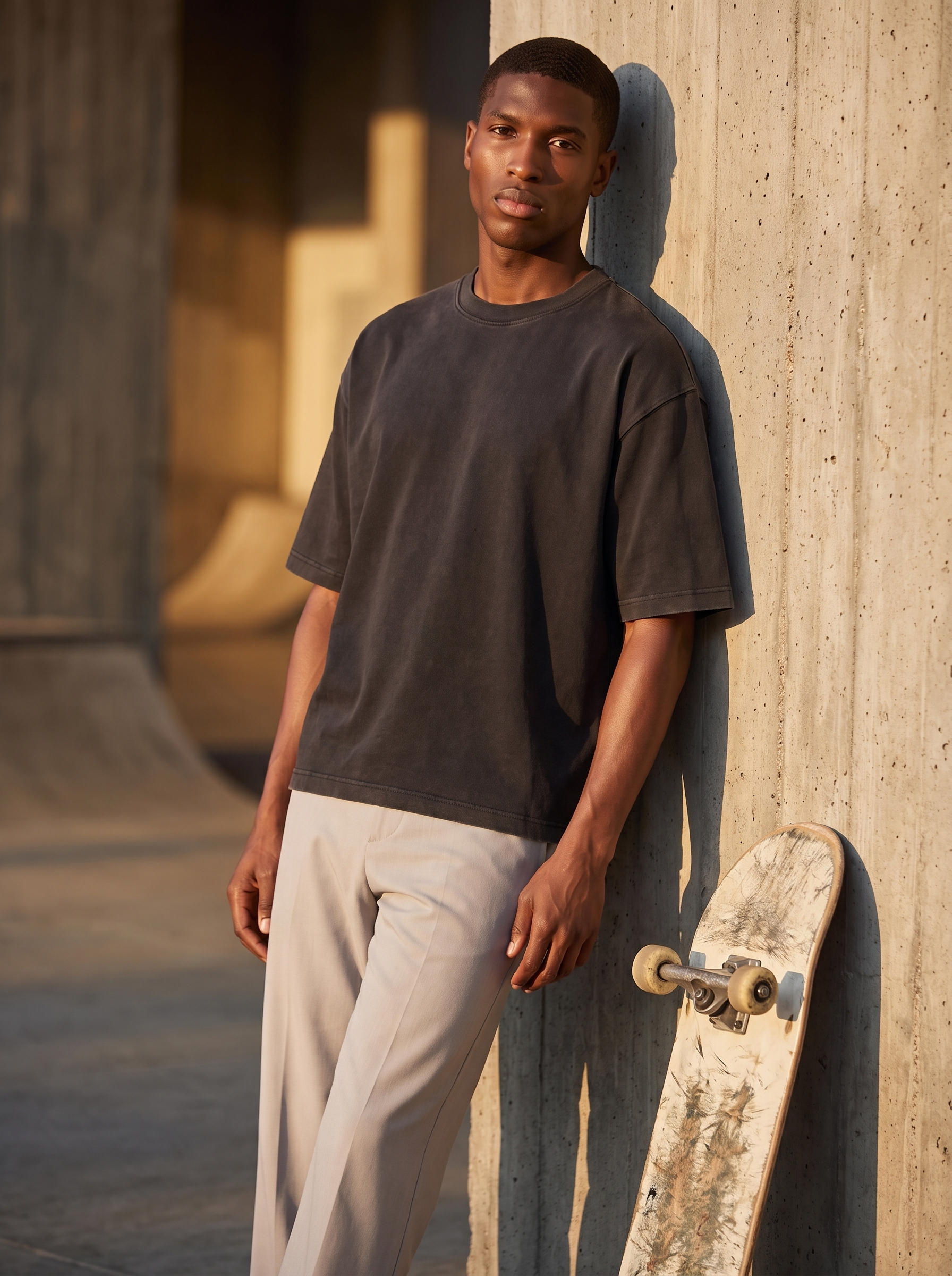 Man wearing washed black boxy tee against concrete wall, lifestyle
