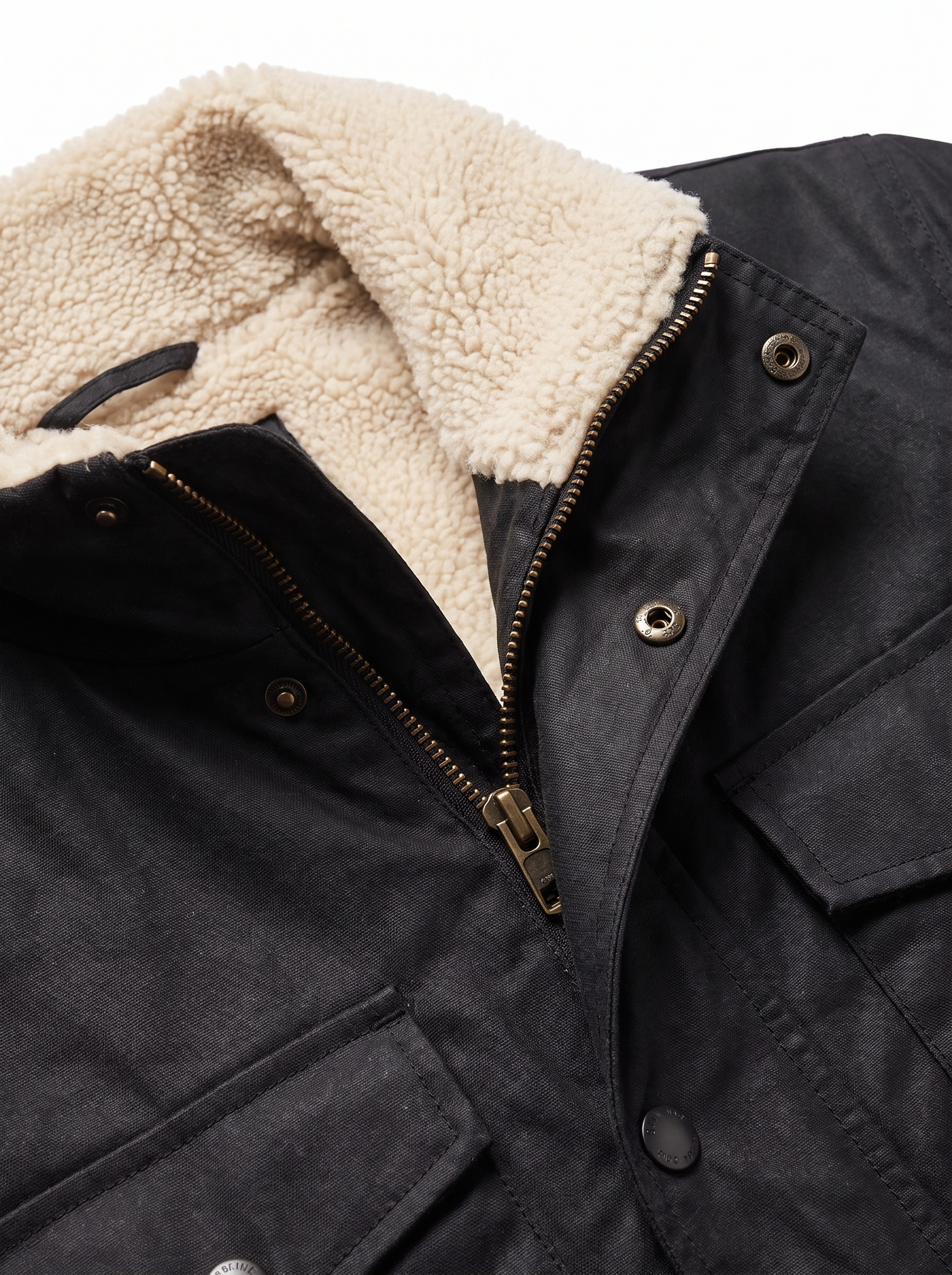 Waxed canvas jacket sherpa collar and zipper close up detail