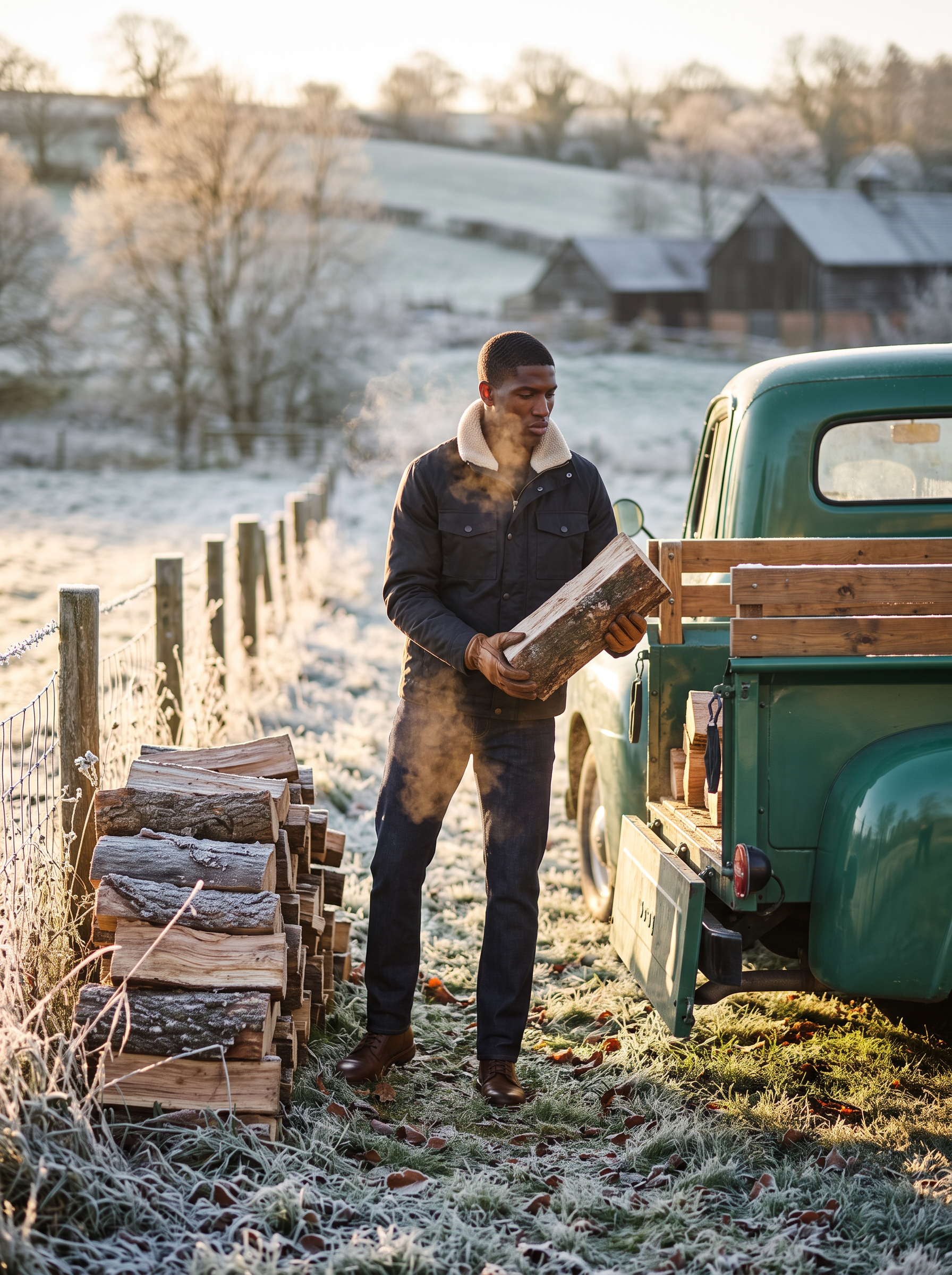Man wearing waxed canvas jacket loading firewood on frosty morning, lifestyle