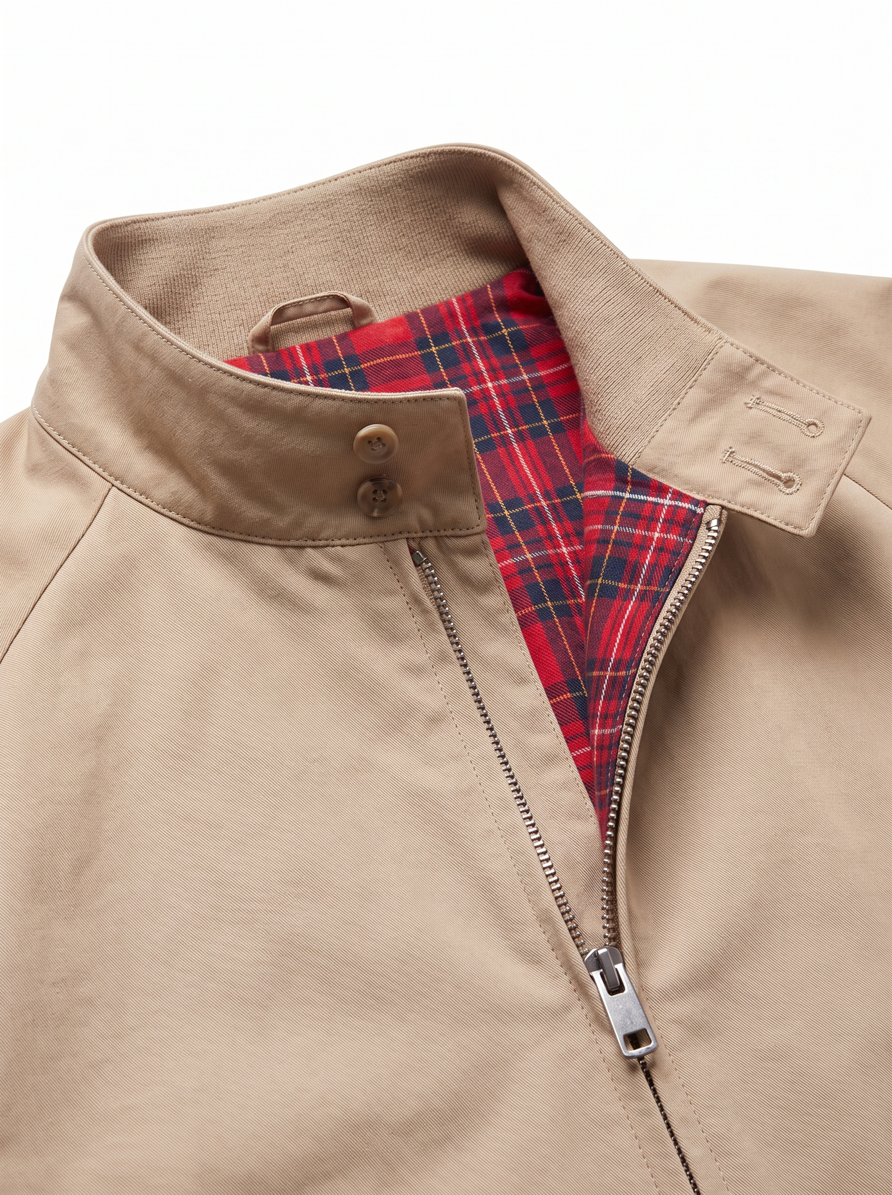 Harrington jacket collar zipper and plaid lining close up detail