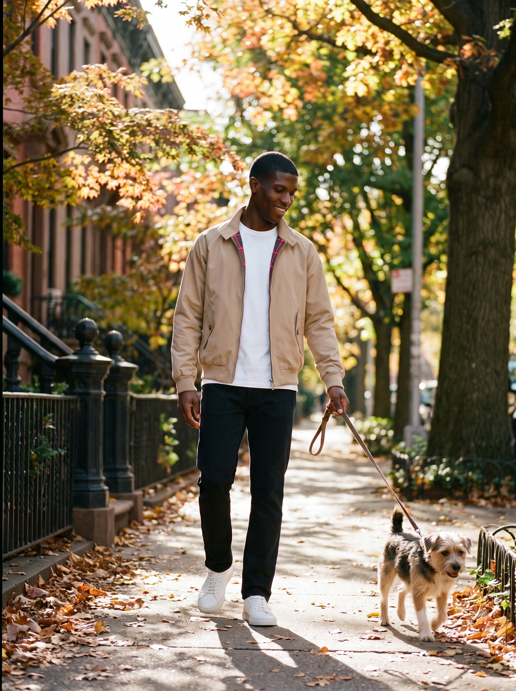 Man wearing beige harrington jacket walking dog in fall neighborhood, lifestyle