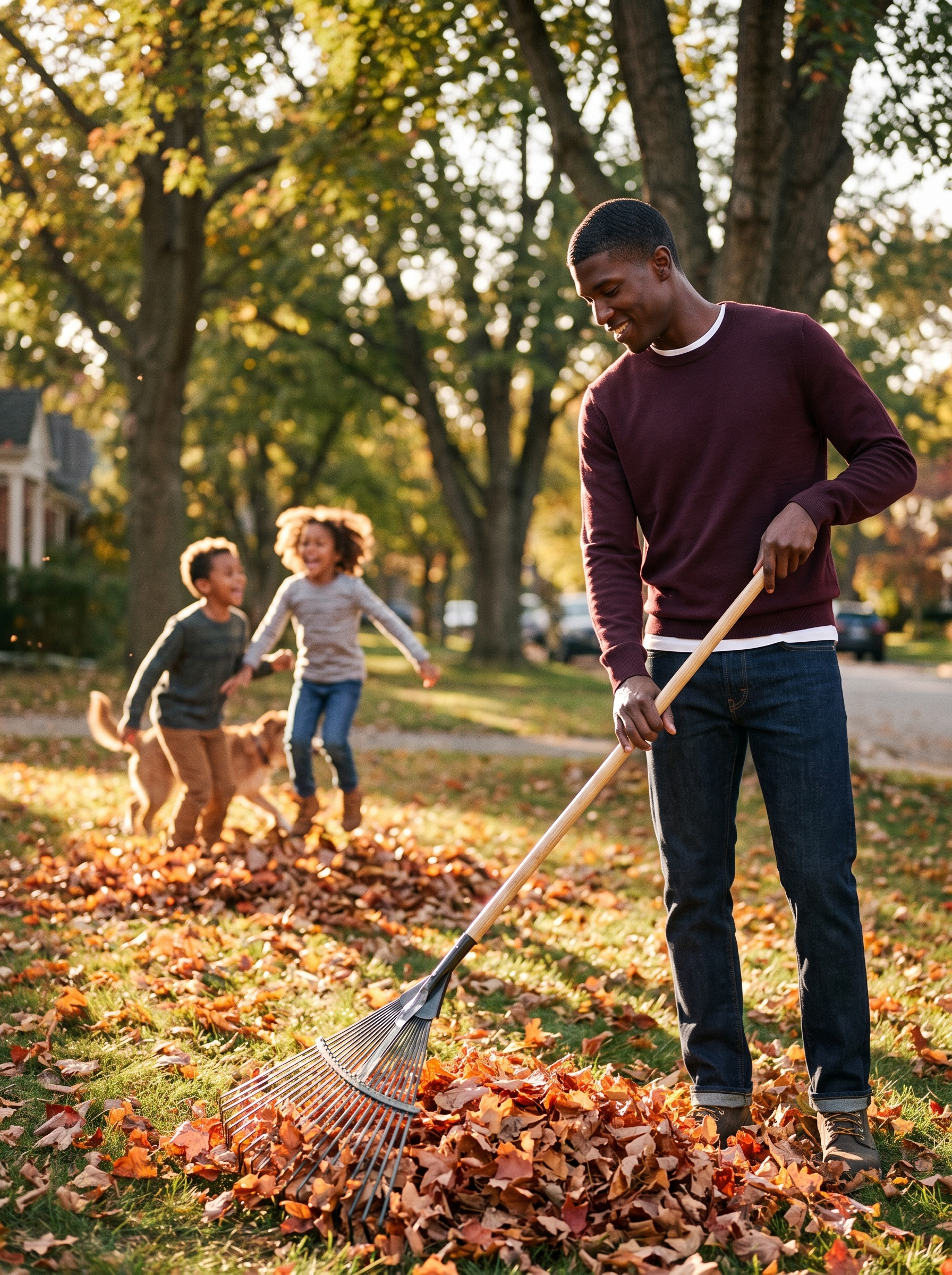 Man wearing burgundy sweater raking leaves on fall afternoon, lifestyle