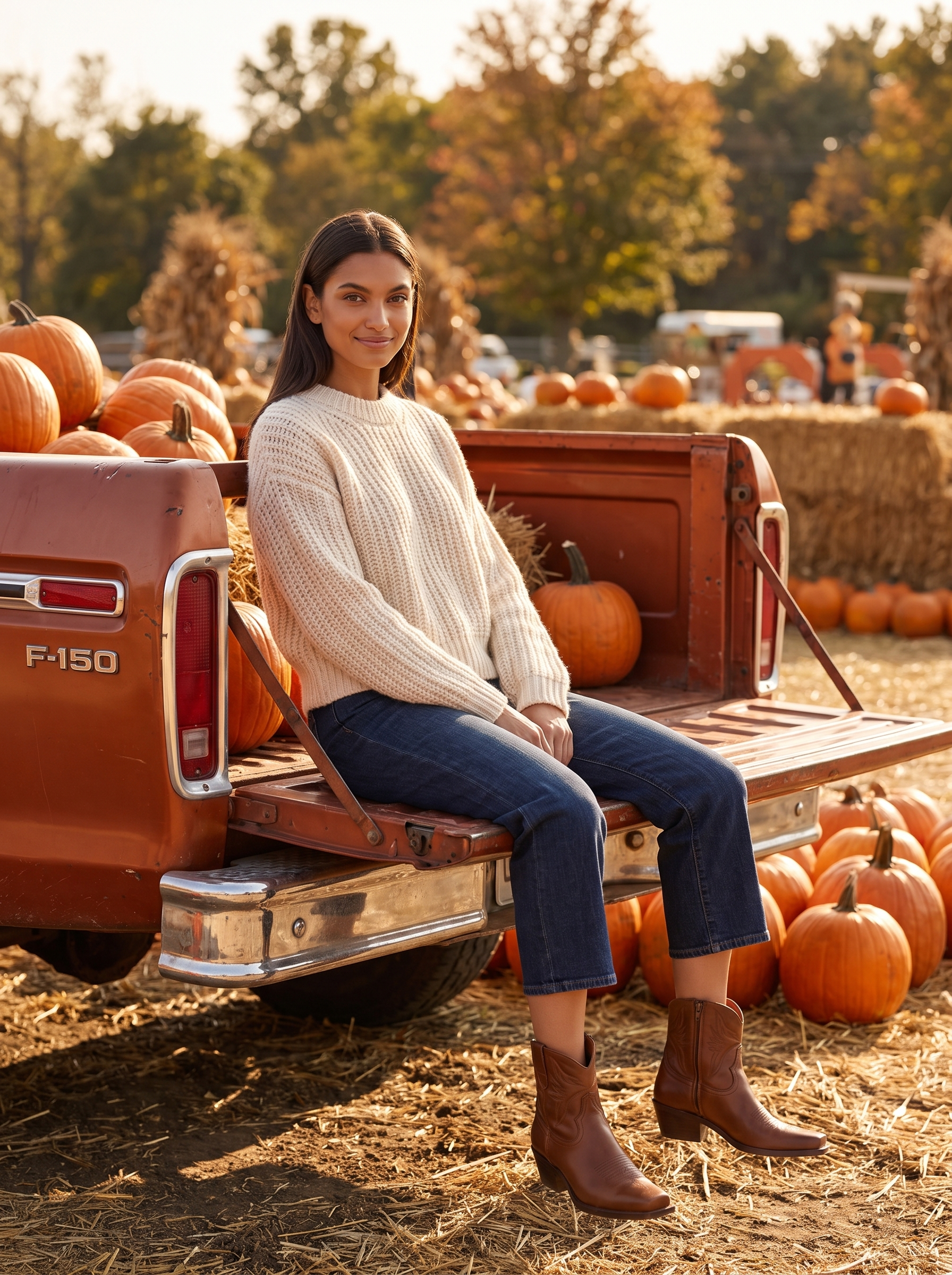 Woman wearing western ankle boots at pumpkin patch in golden light, lifestyle