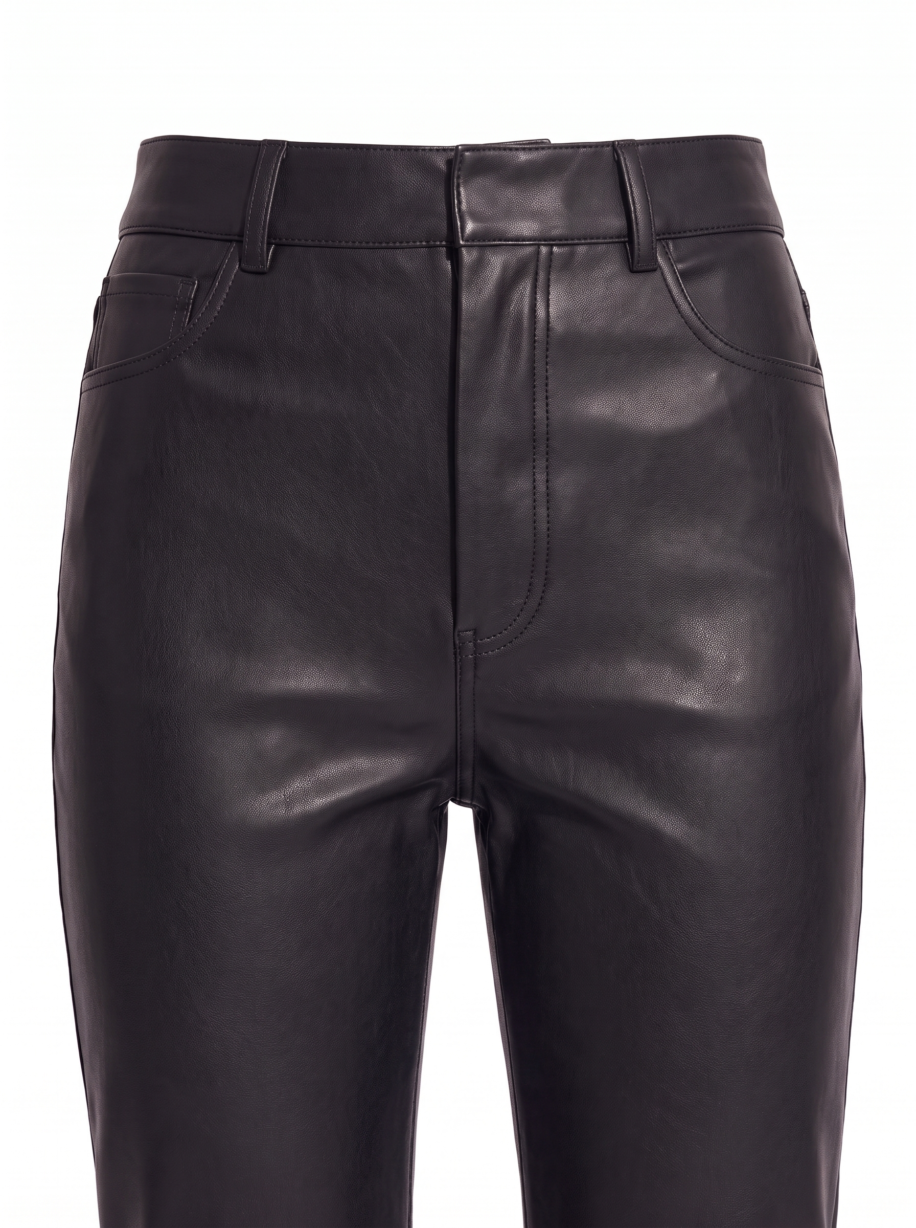 Faux leather pants waistband and matte grain close up detail