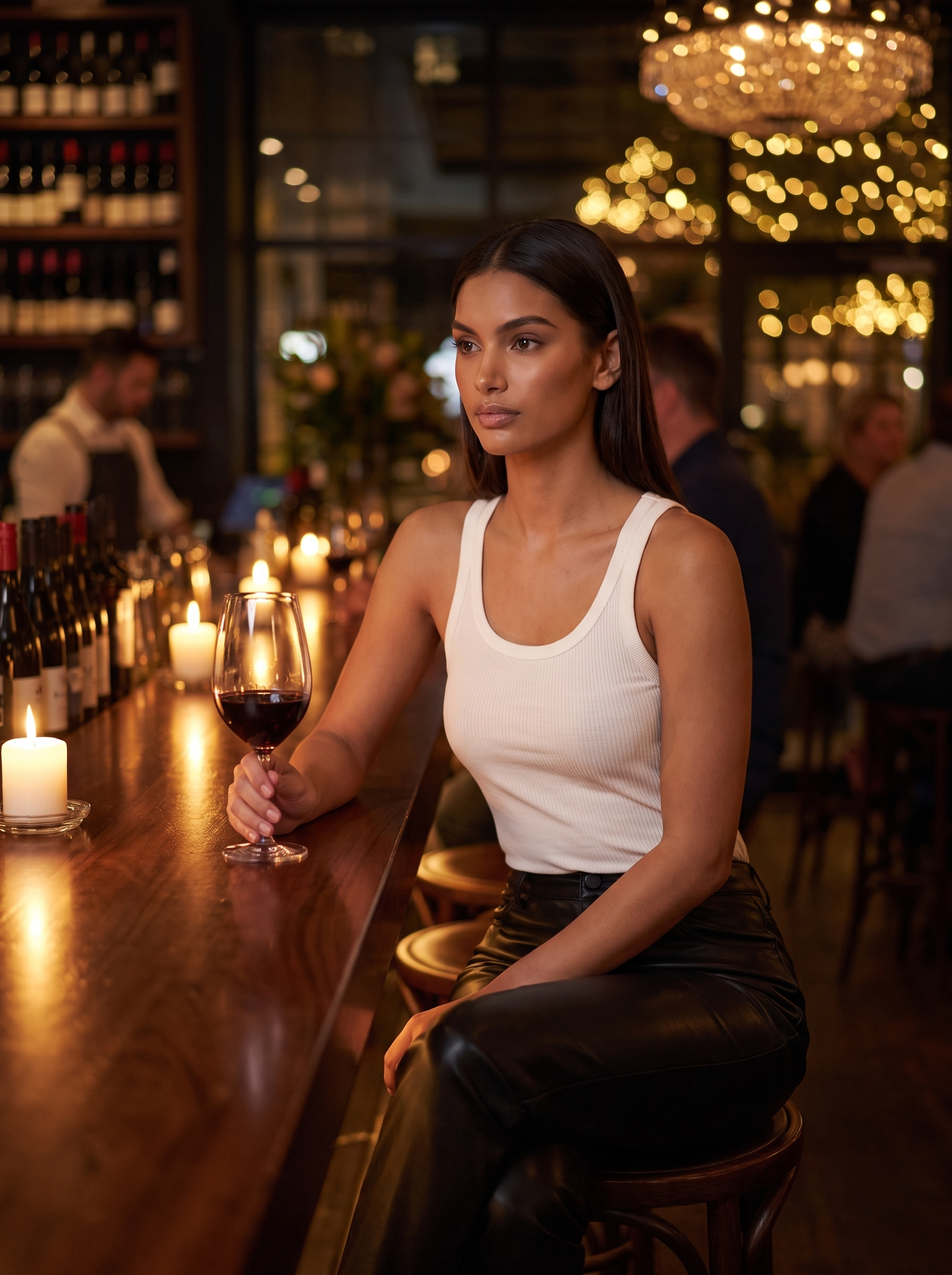 Woman wearing faux leather pants at candlelit wine bar, lifestyle