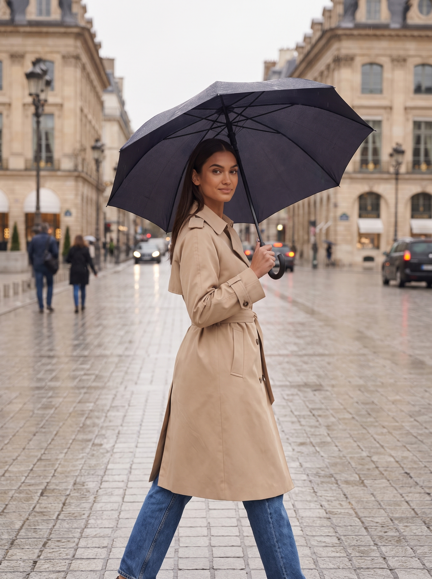 Woman wearing beige trench with umbrella on rainy boulevard, lifestyle