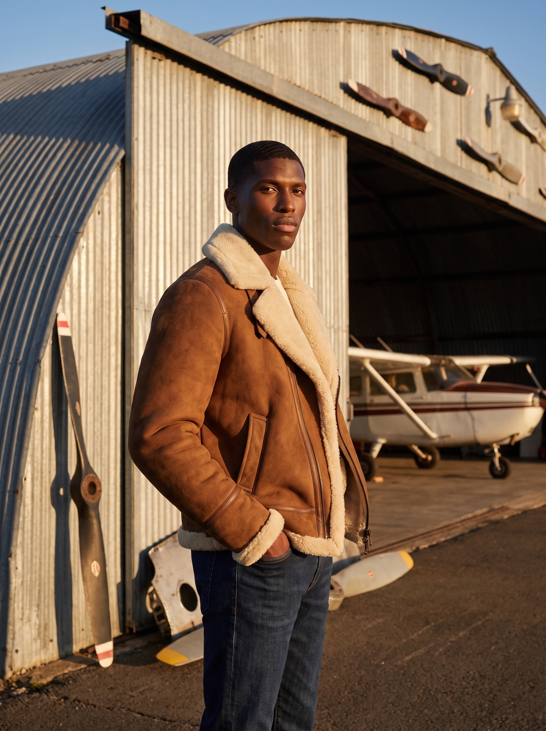 Shearling aviator jacket worn at golden hour