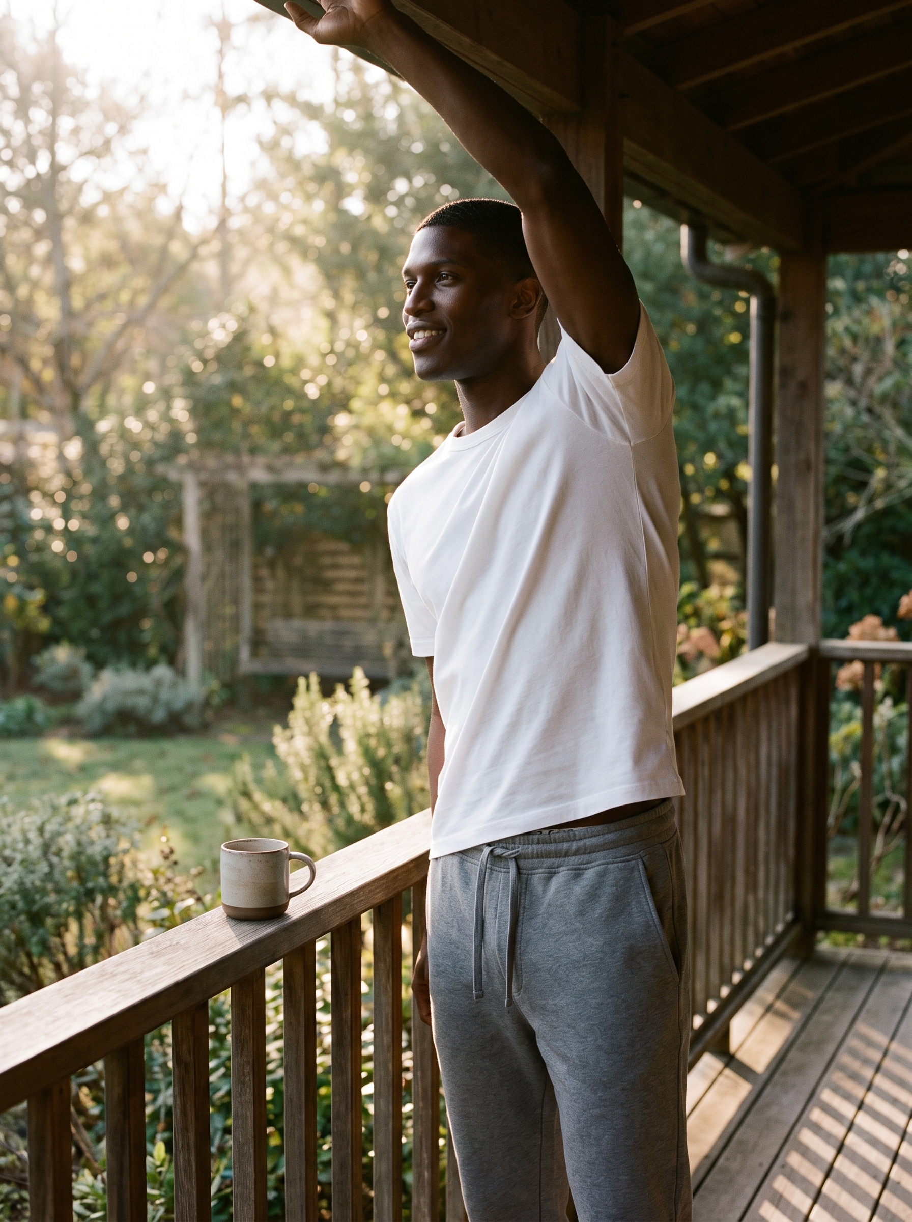 Grey sweatpants worn on a porch in morning light