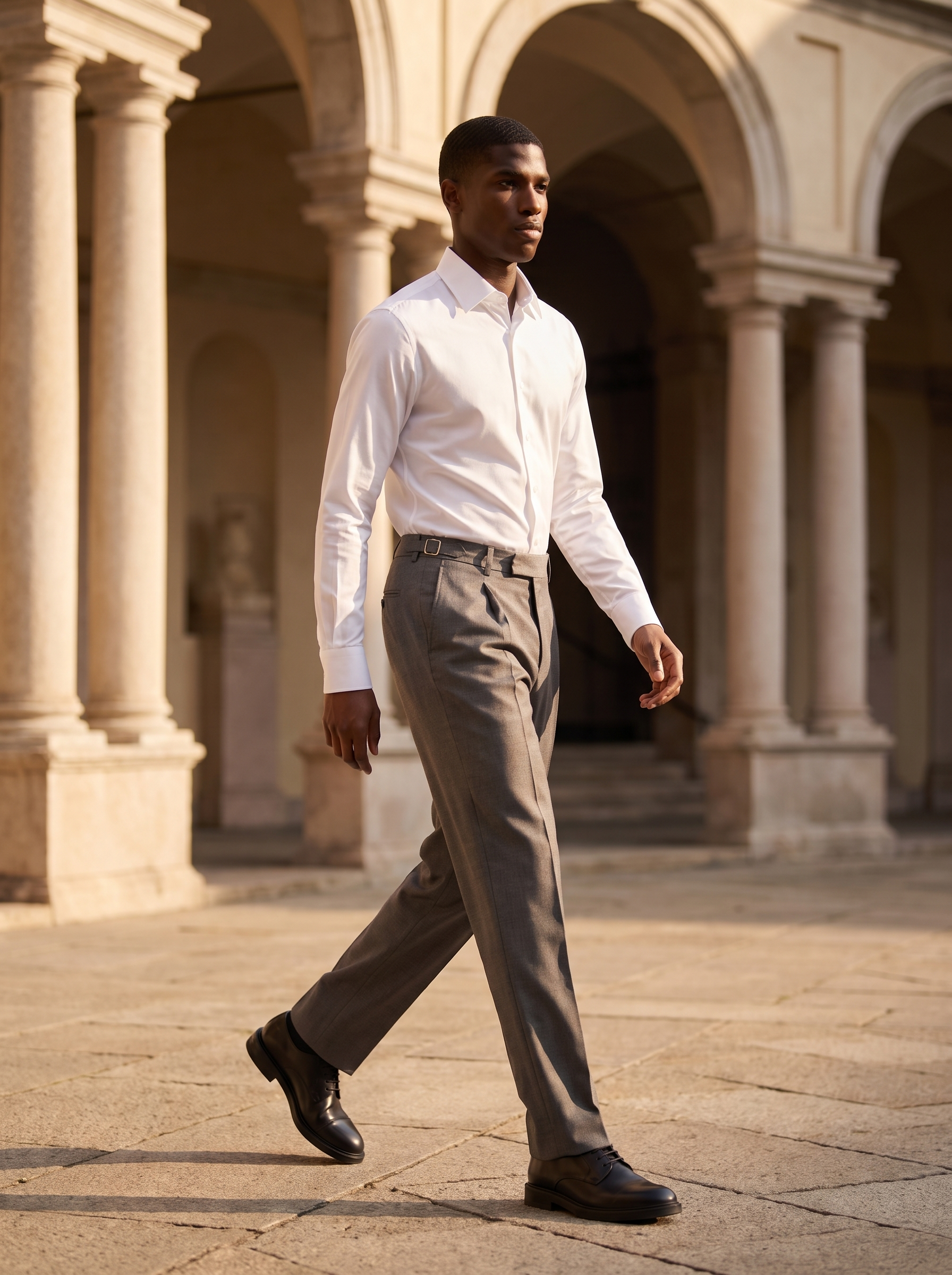 Grey pleated trousers worn crossing a museum courtyard