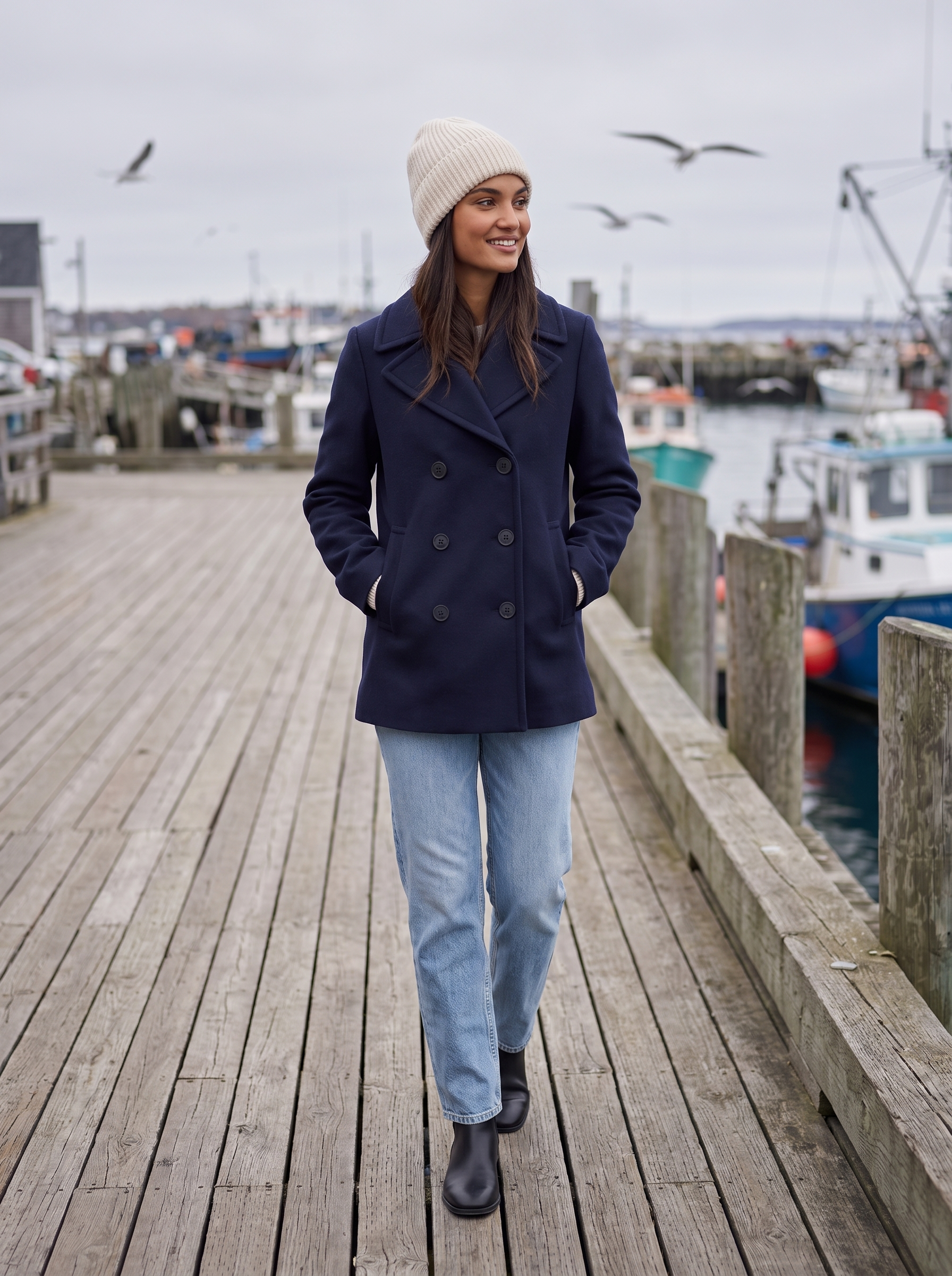 Navy pea coat worn on a harbor boardwalk