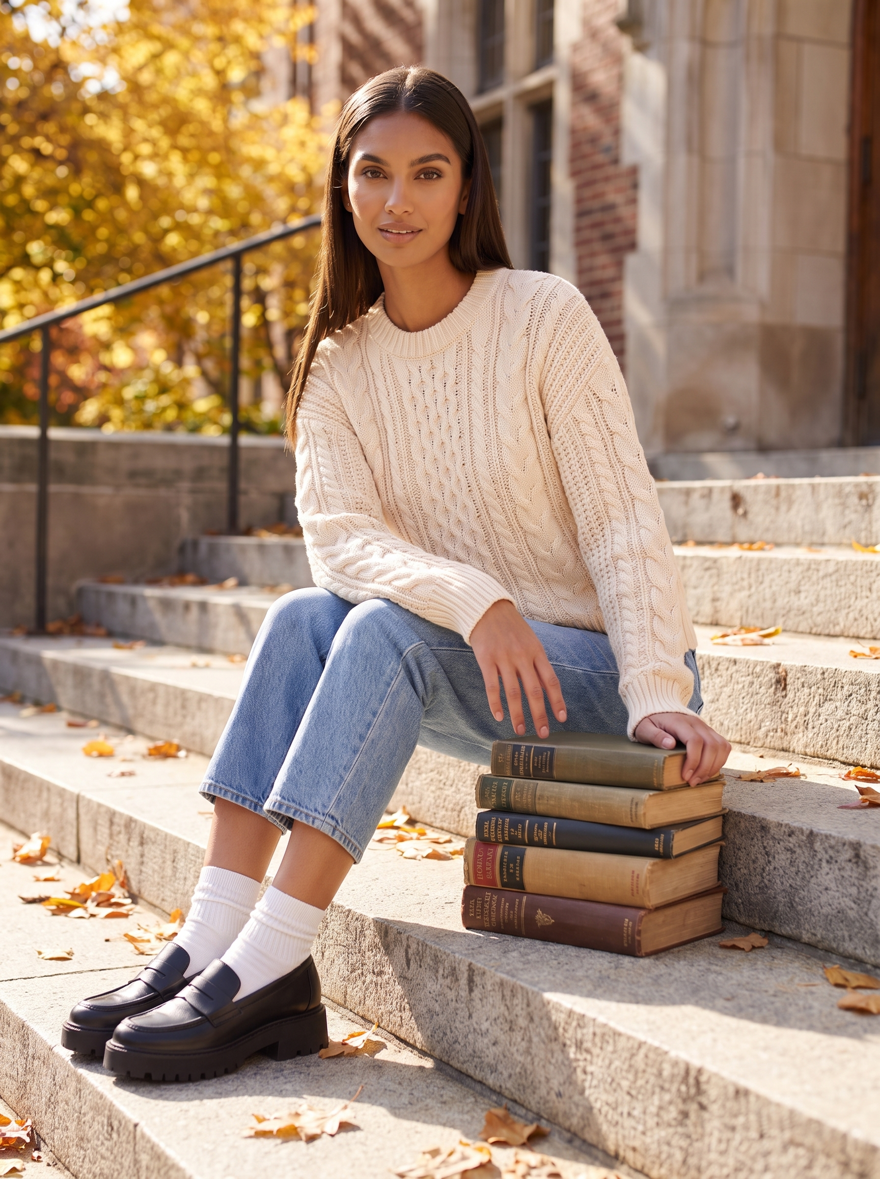 Platform loafers worn on library steps
