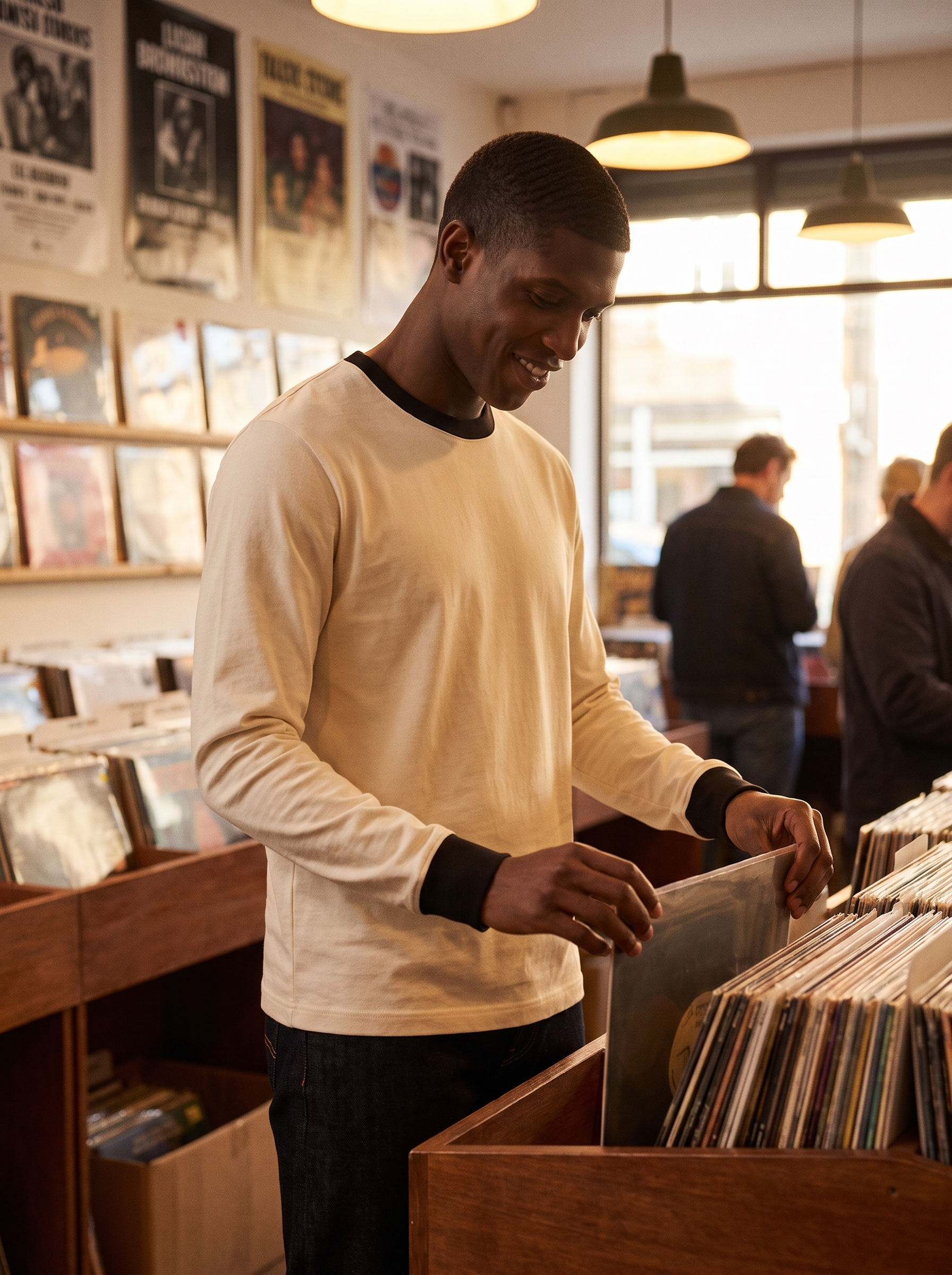 Ringer tee worn at a record store