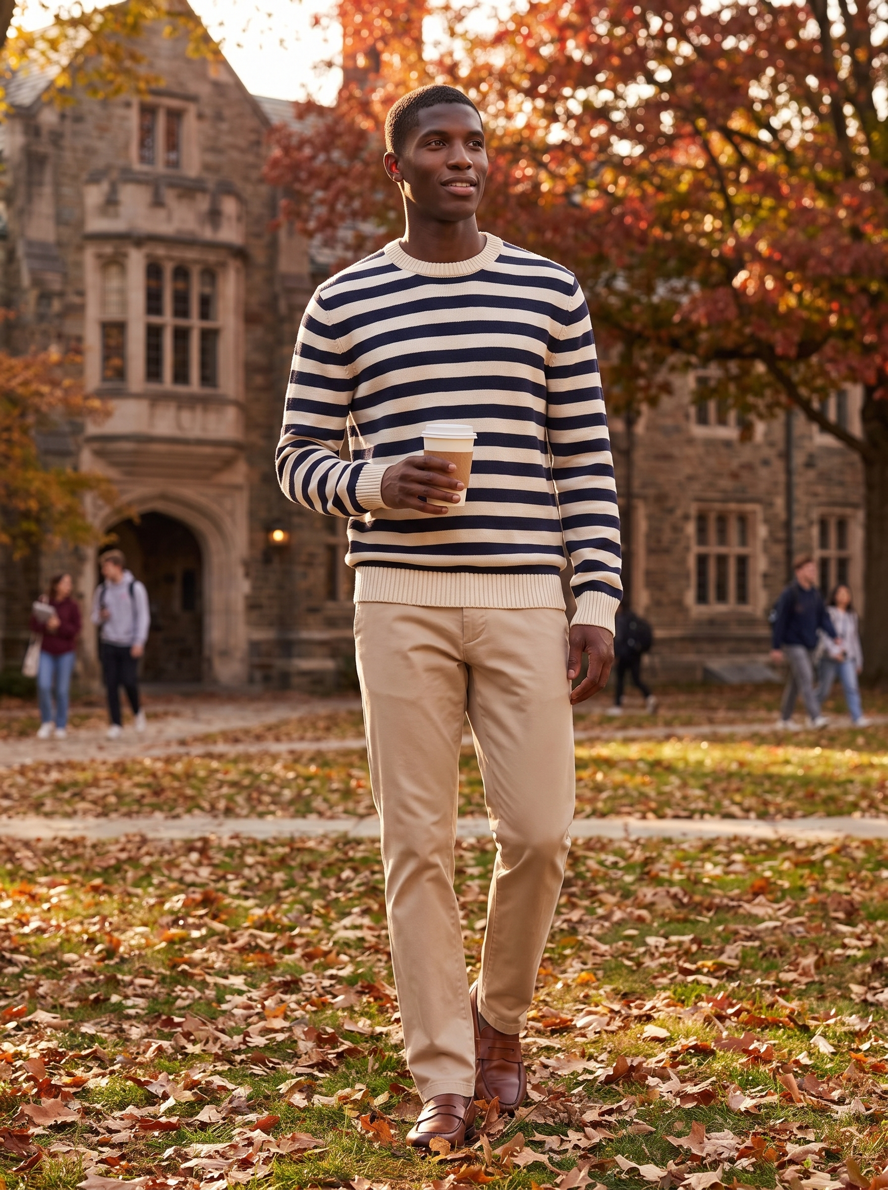 Striped sweater worn on a university quad