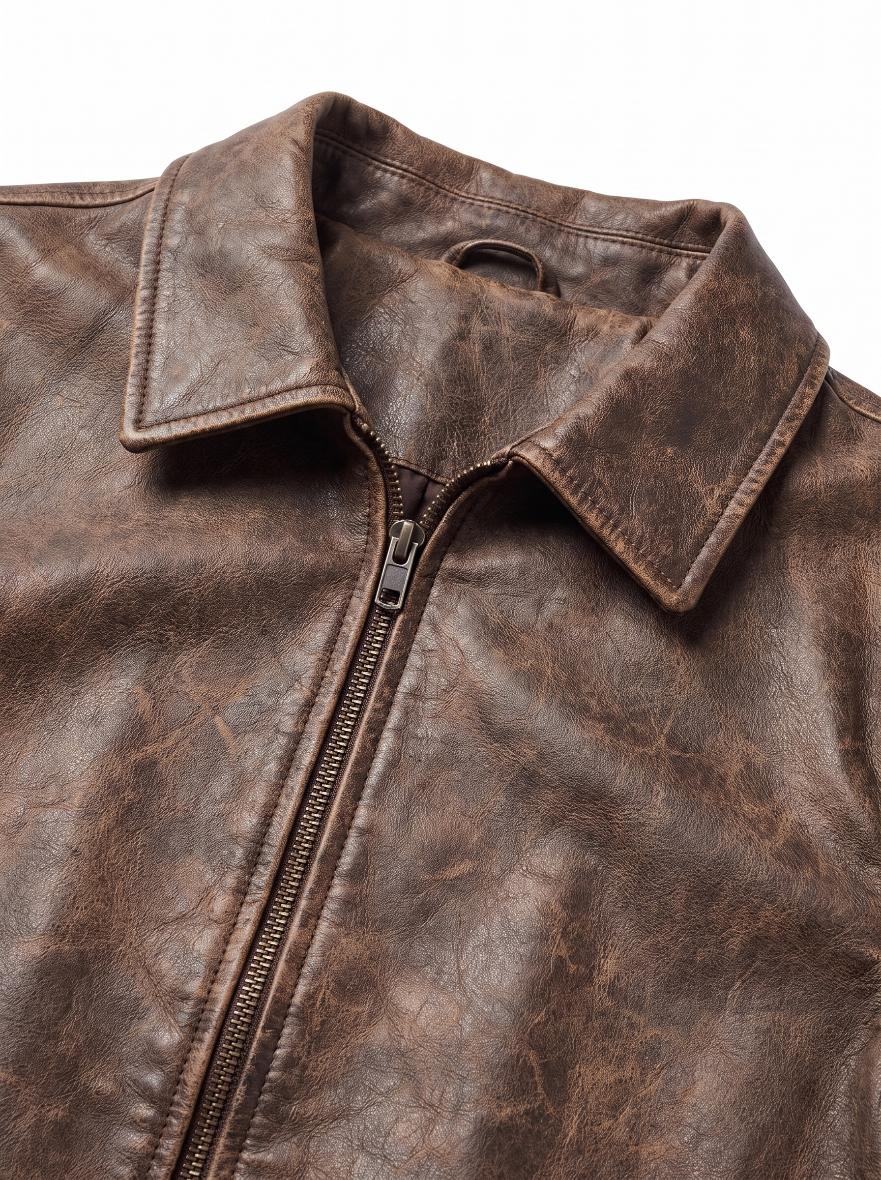 Zip front and distressed grain detail